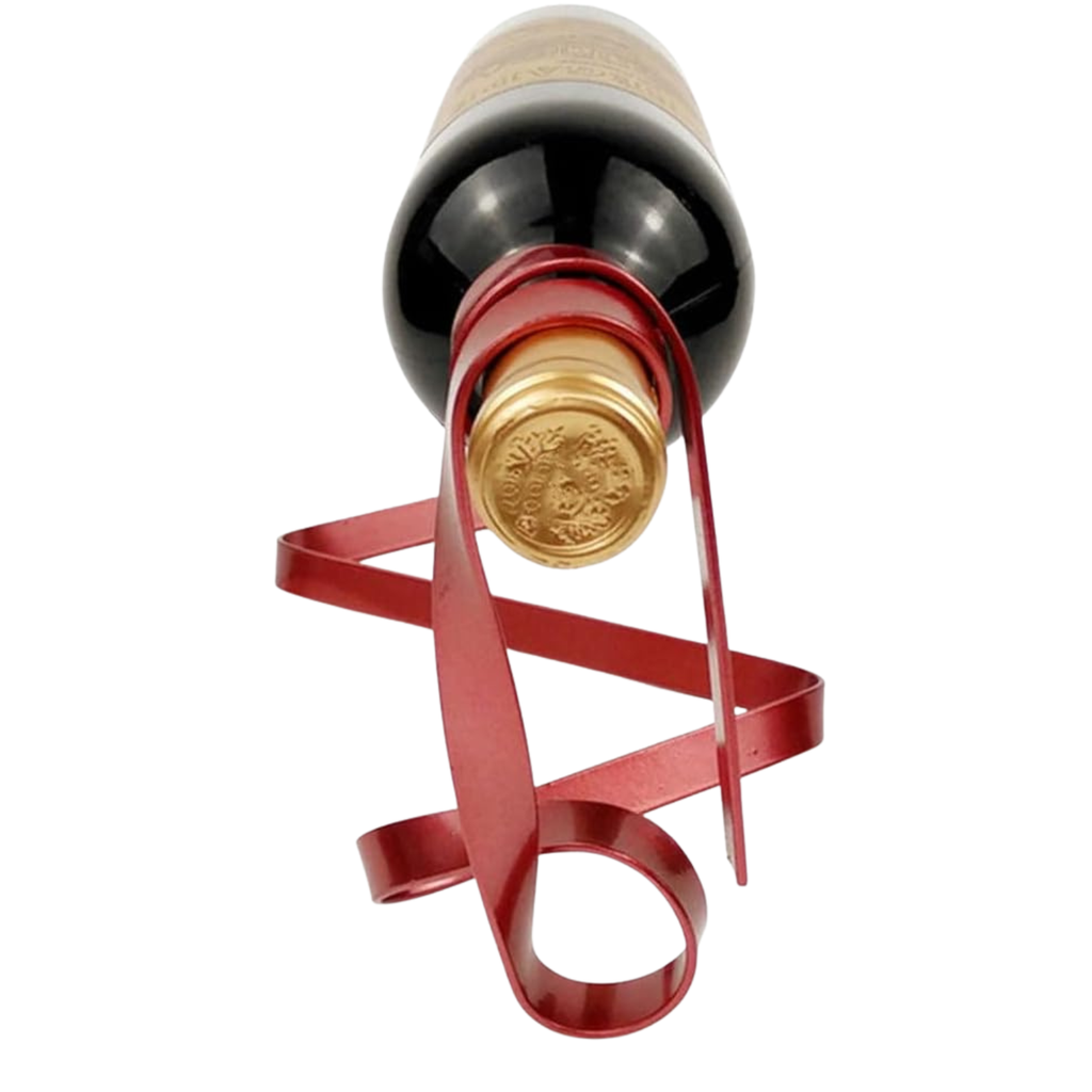 Red ribbon floating wine bottle holder with metal frame and gold bottle cap