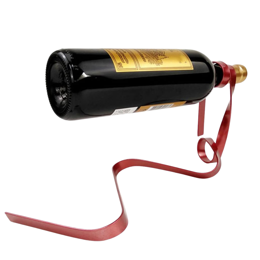 Red ribbon wine bottle holder with curved metal straps beneath bottle