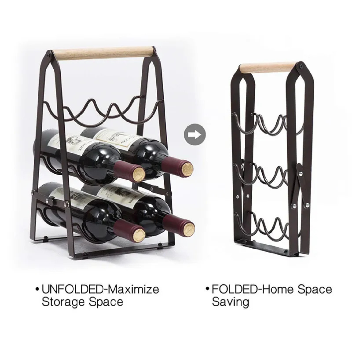 Folded and unfolded view of a countertop wine rack with metal cradles
