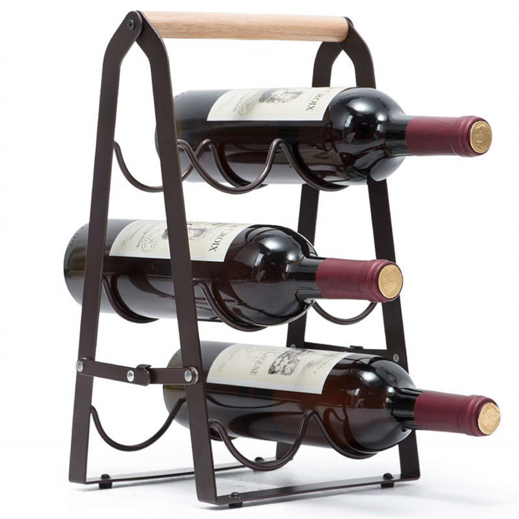 Close-up foldable wine rack showing metal bottle cradles and wood top bar