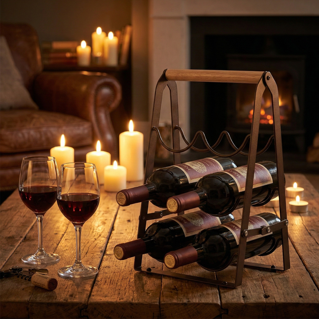 Compact foldable wine holder with wood handle, standing on short metal base feet