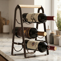Countertop foldable wine rack with wood handle and curved metal slots for 3 bottles