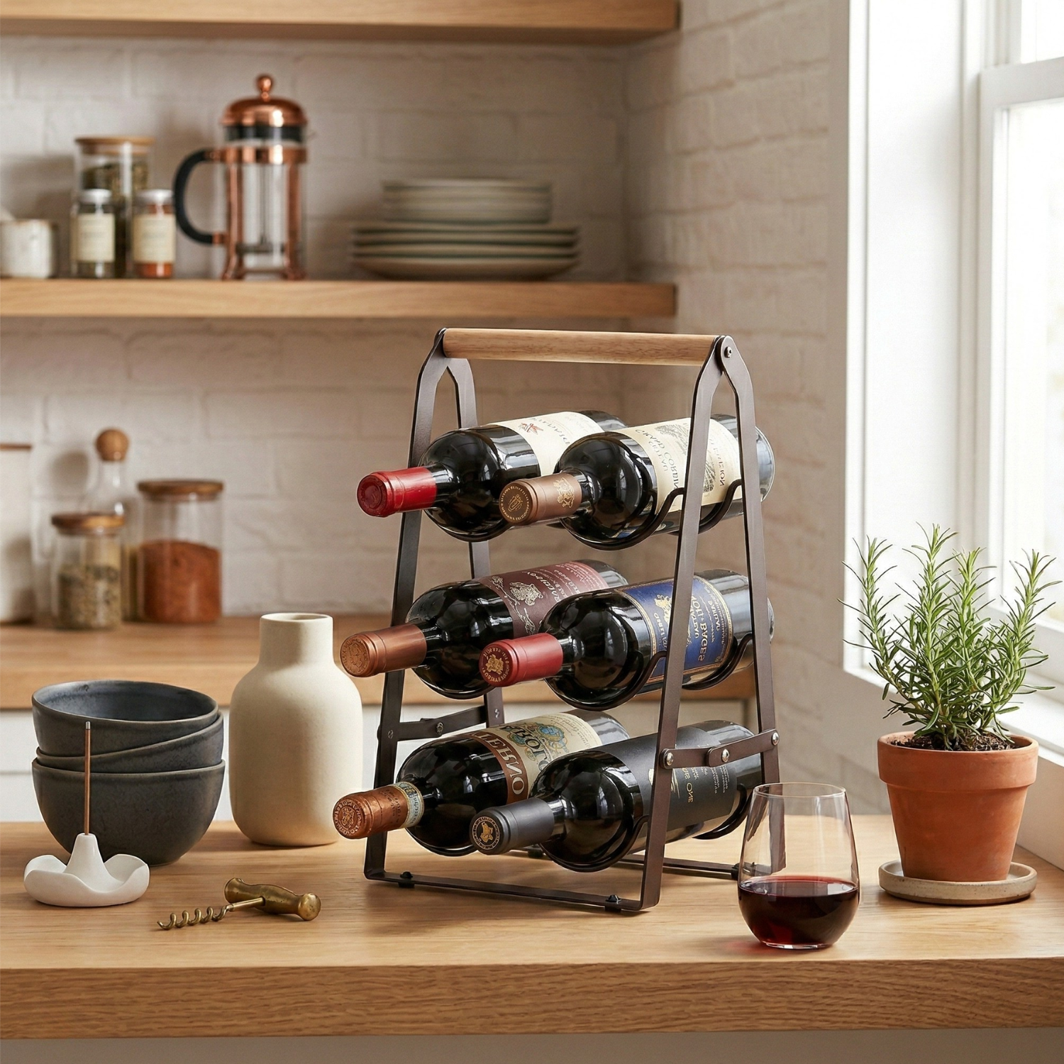Foldable Wine Rack for Countertop | 6-Bottle Tabletop Wine Holder with Wood Handle | Space-Saving Metal Wine Rack for Kitchen, Bar & Dining Room | Modern Minimalist Iron & Wood Desktop Wine Stand