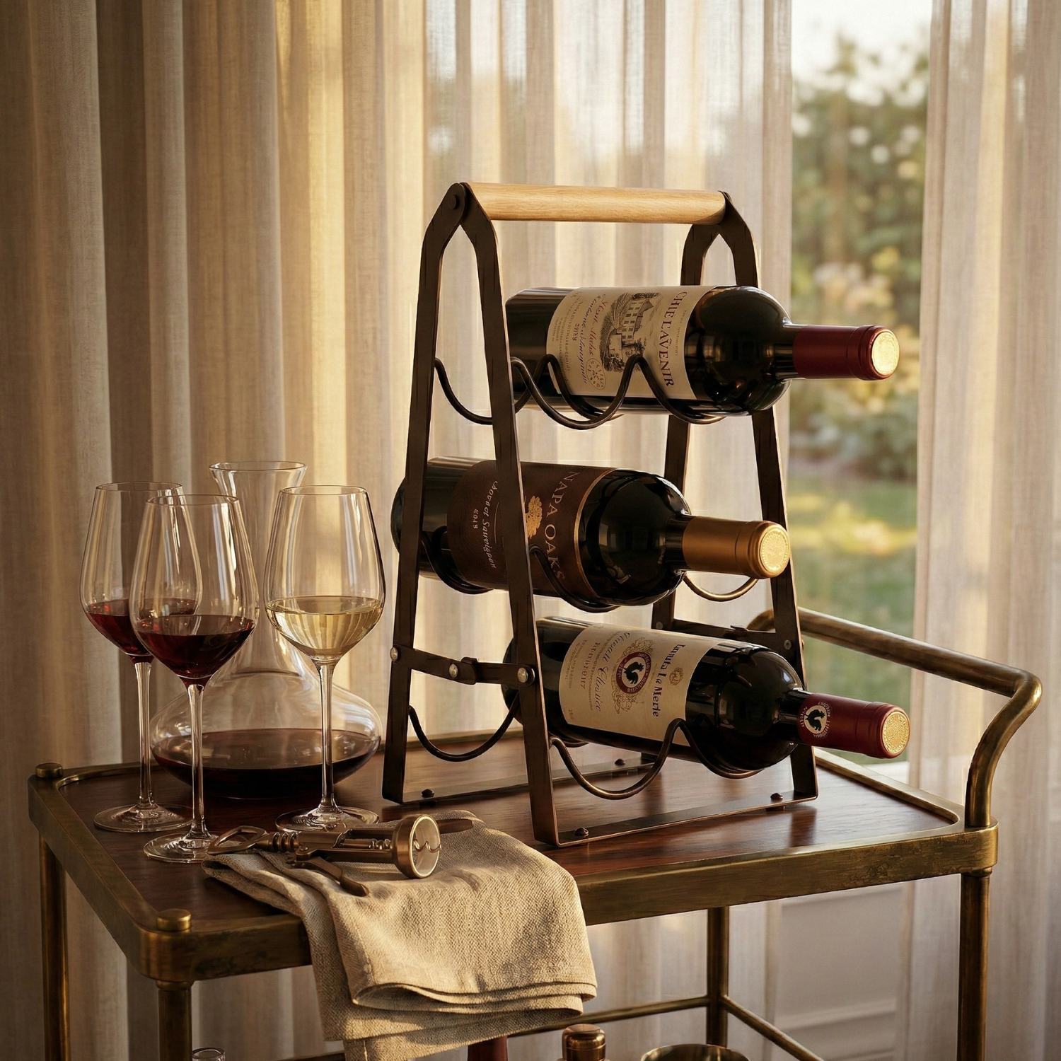 Foldable Wine Rack for Countertop | 6-Bottle Tabletop Wine Holder with Wood Handle | Space-Saving Metal Wine Rack for Kitchen, Bar & Dining Room | Modern Minimalist Iron & Wood Desktop Wine Stand
