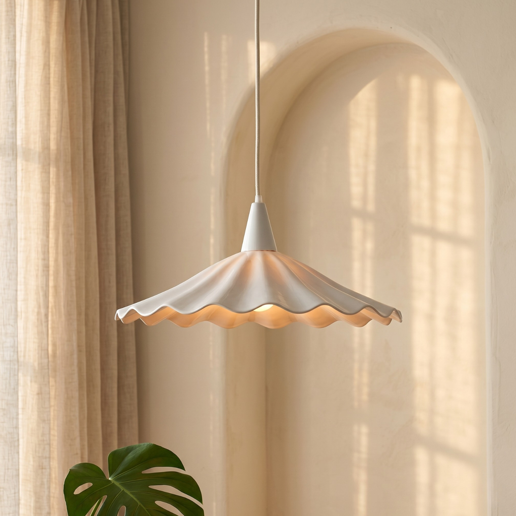 French Pleated Ceramic Pendant Light | Vintage Lotus Ruffle Shade | Bedroom Restaurant Hanging Lamp | Cottagecore Aesthetic Ceiling Light