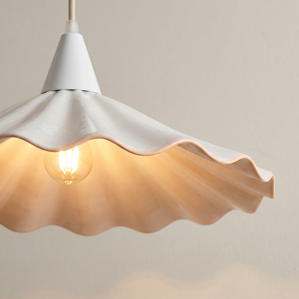 French Pleated Ceramic Pendant Light | Vintage Lotus Ruffle Shade | Bedroom Restaurant Hanging Lamp | Cottagecore Aesthetic Ceiling Light