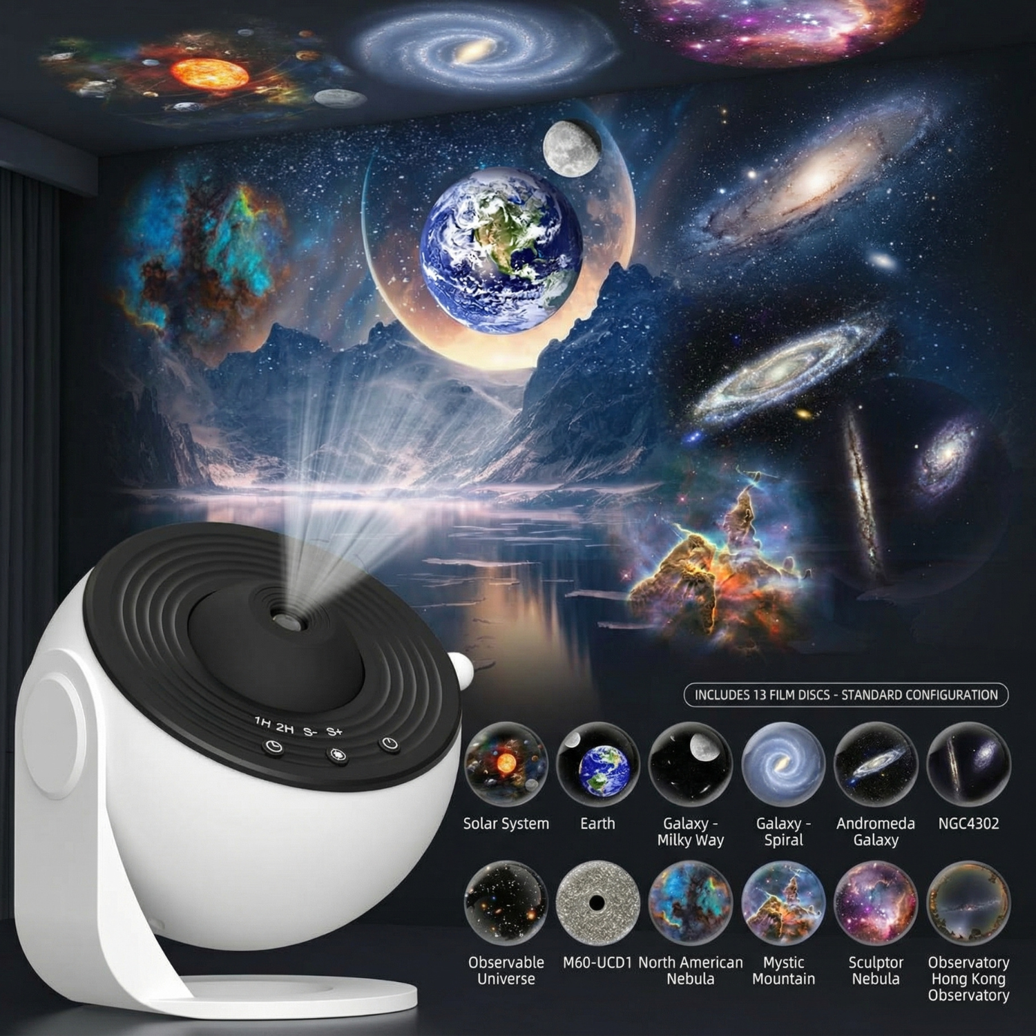 Galaxy Star Projector Lamp with 13 Film Discs – 4K HD Rotating Night Light, Remote Control, USB LED Nebula Projector (Black & White)