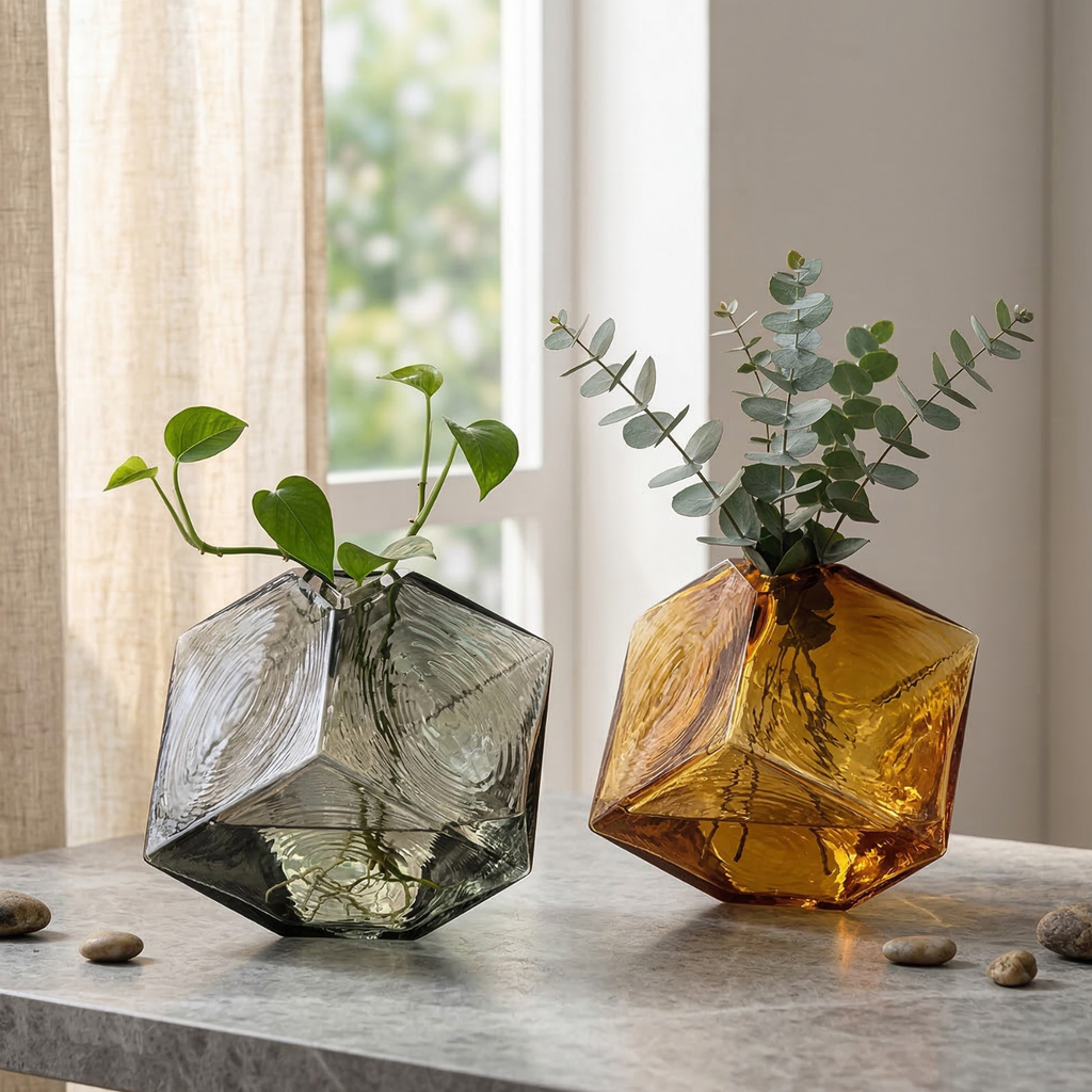 Two geometric glass vases with plants on a table near a window.