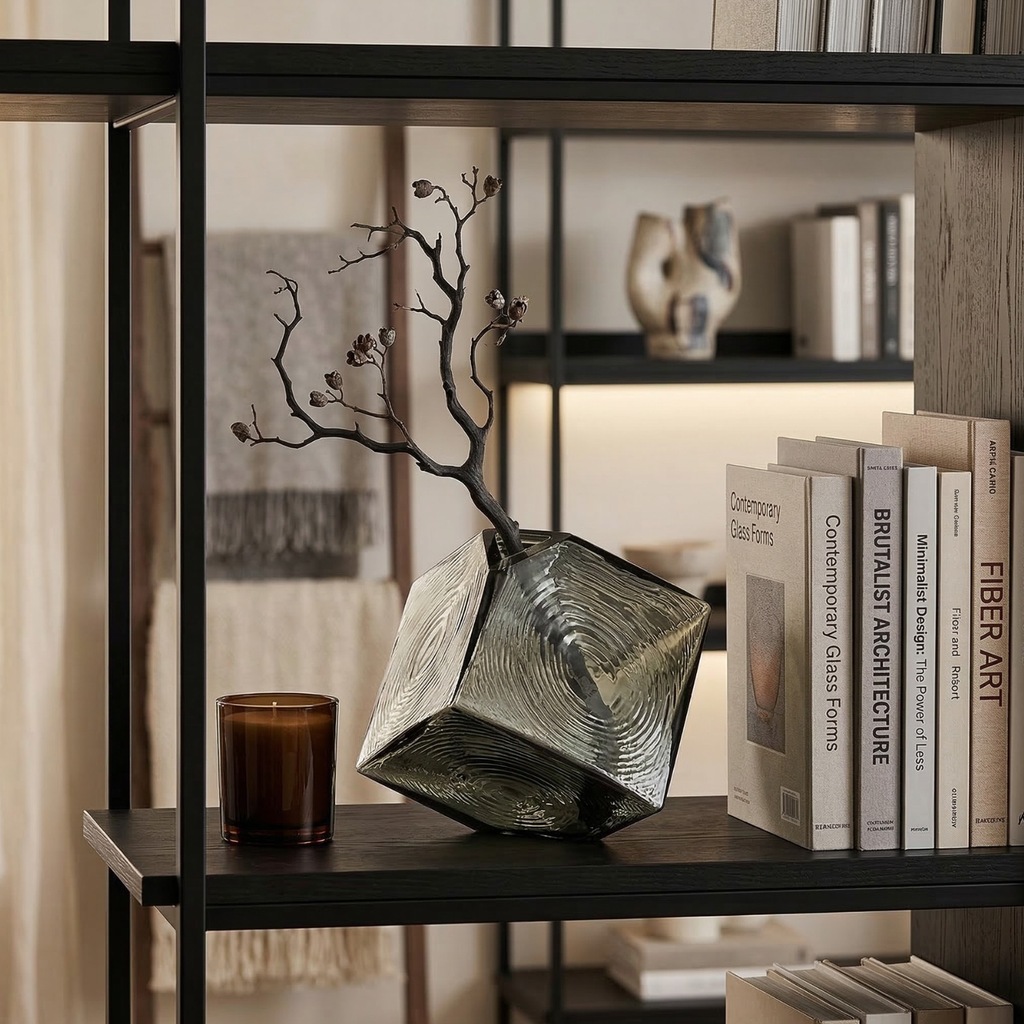 Decorative sculpture on a shelf with books and a candle