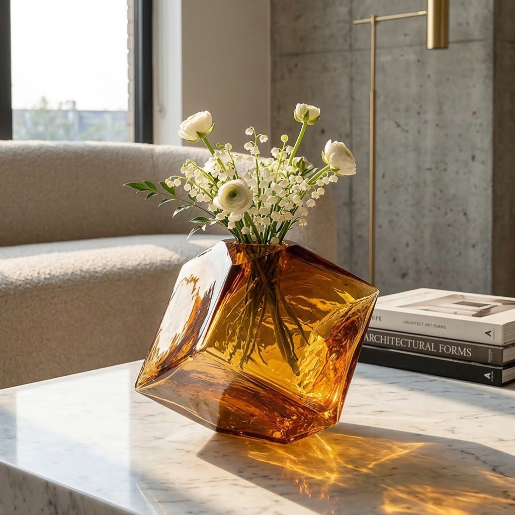 Amber glass vase with flowers on a marble surface in a modern interior setting