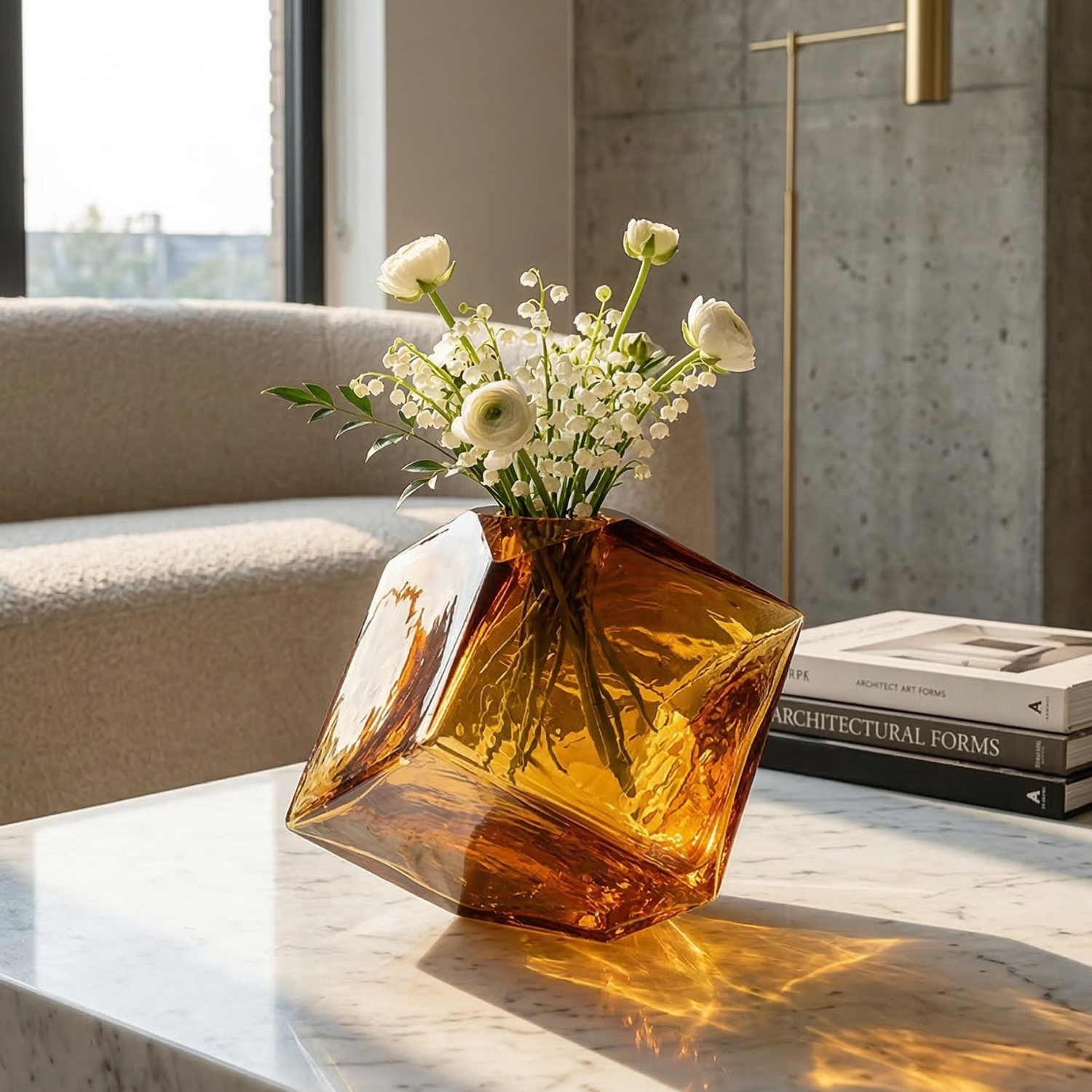 Geometric Glass Hydroponic Vase – Modern Concave Stained Glass Flower Vase (Amber or Smoke Gray)
