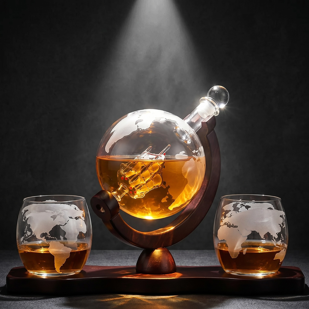 Globe-shaped decanter with two glasses on a dark background