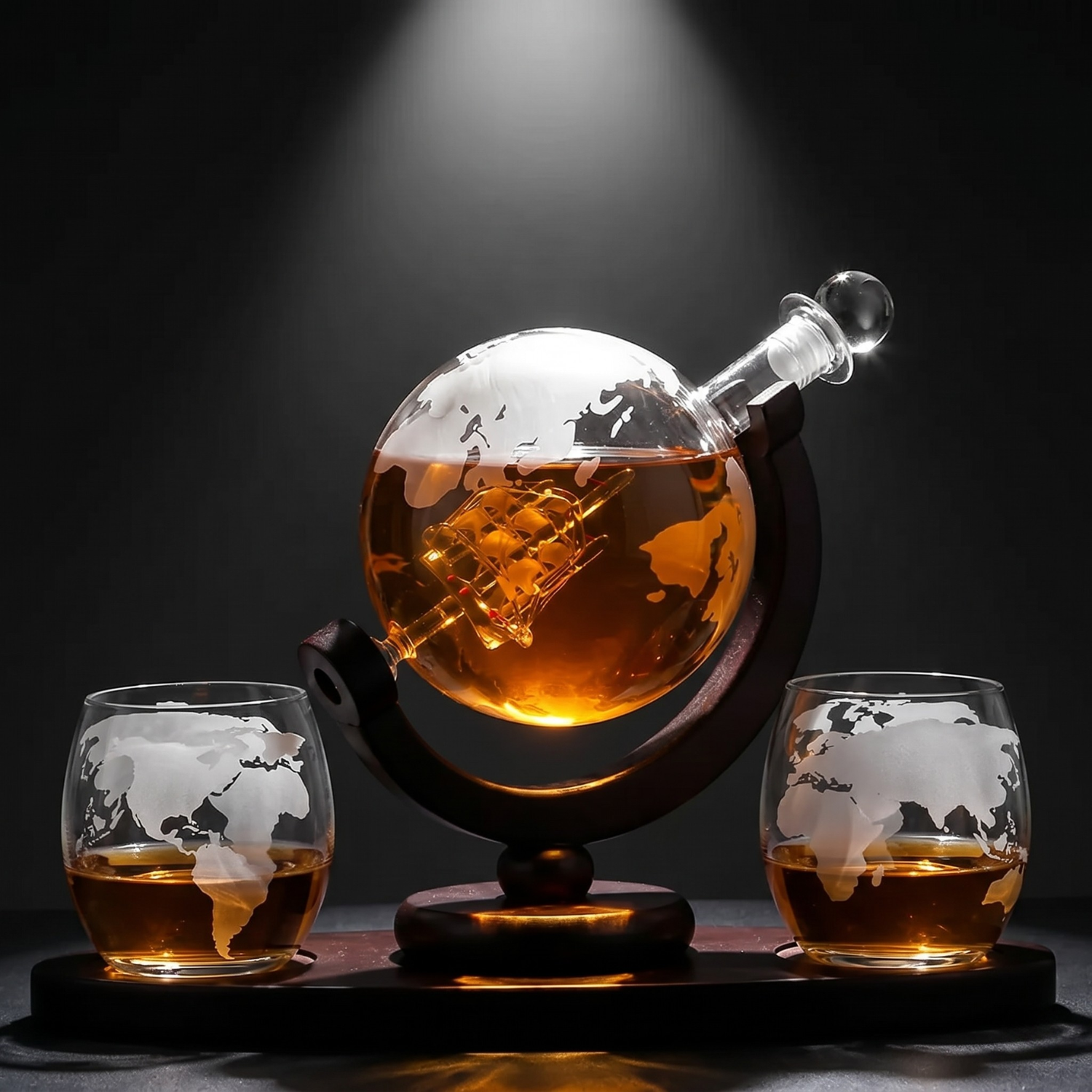 Globe-shaped whiskey decanter with two matching glasses on a dark background