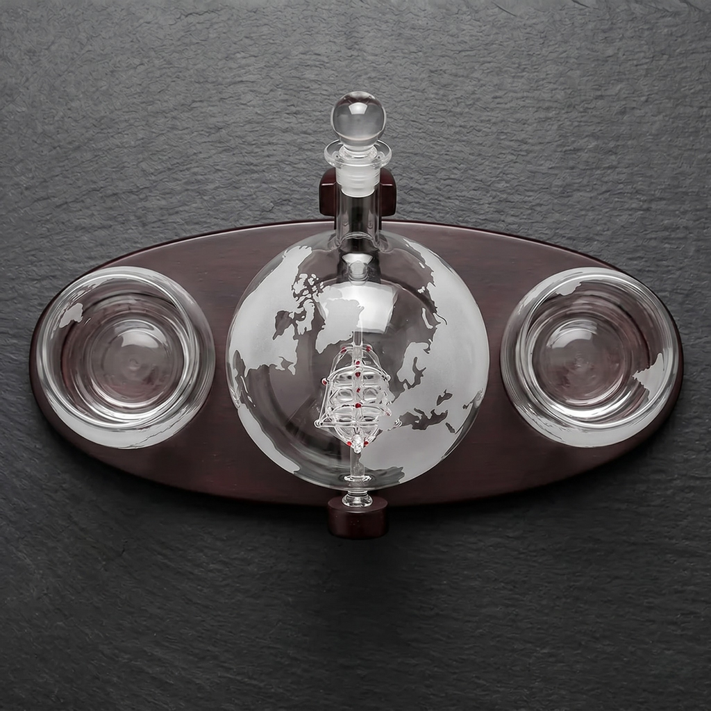 Decorative glass object with a central sphere and two side bowls on a dark background