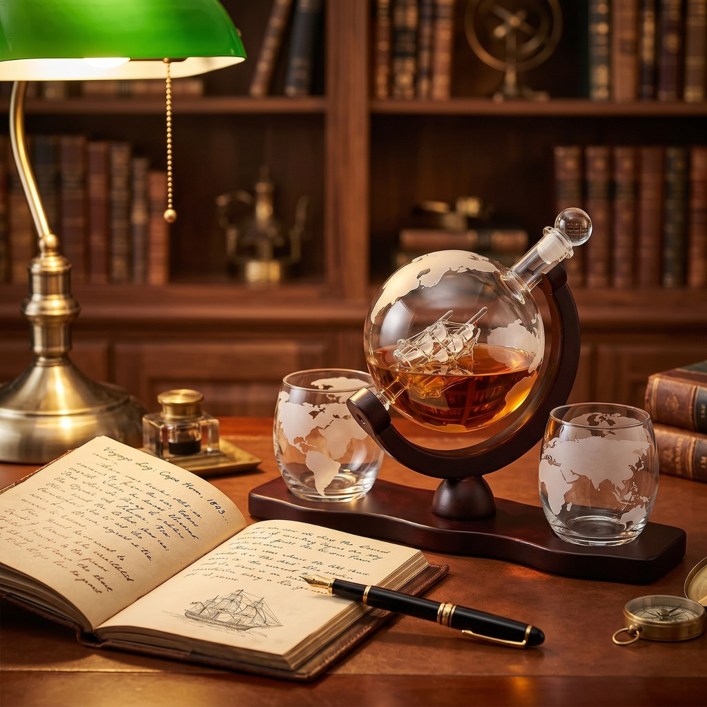 Decanter with whiskey, glasses, notebook, and pen on a wooden table with bookshelf background