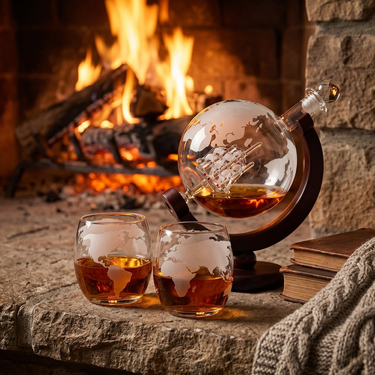 Two glasses of whiskey with a decanter on a stone surface in front of a fireplace.