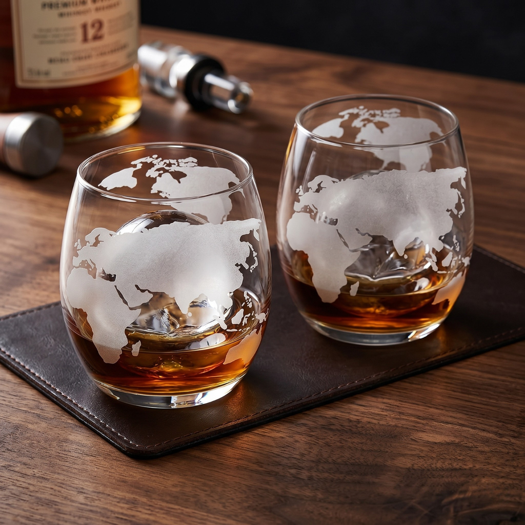 Two glasses with world map design filled with amber liquid on a wooden surface.