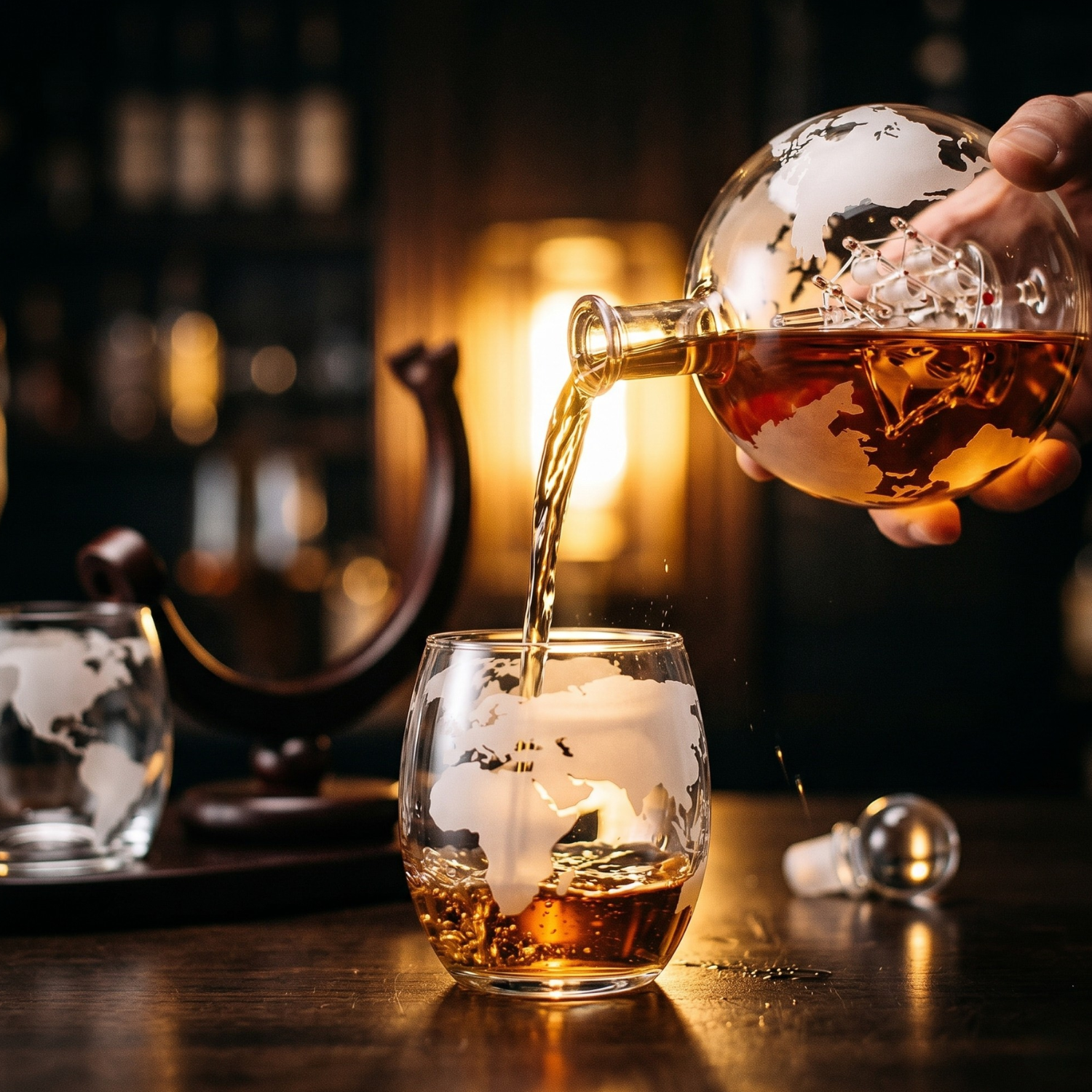 Glass with world map design being filled with liquid, likely whiskey, in a bar setting.