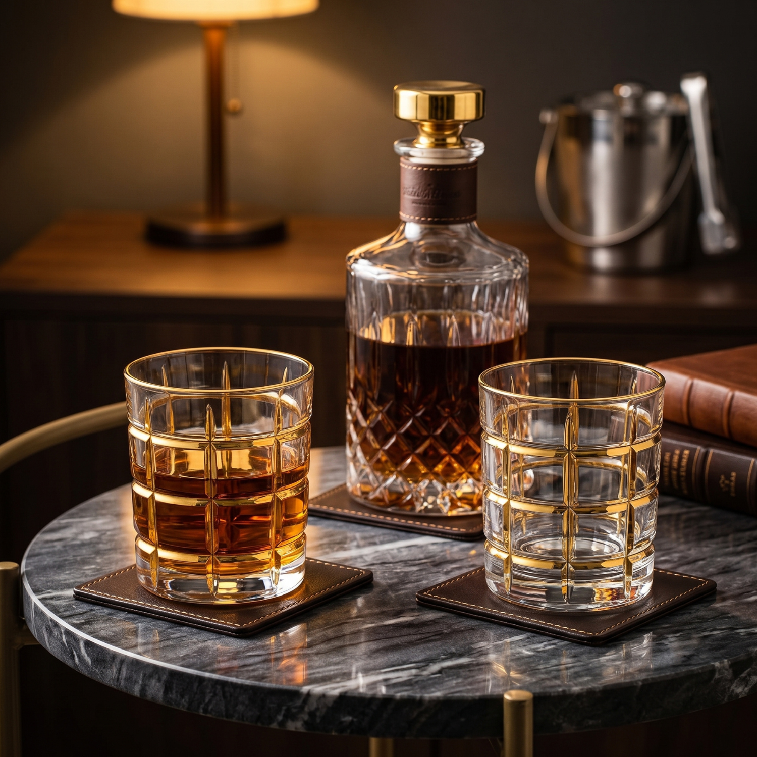 Two glasses of whiskey with a decanter on a marble table.