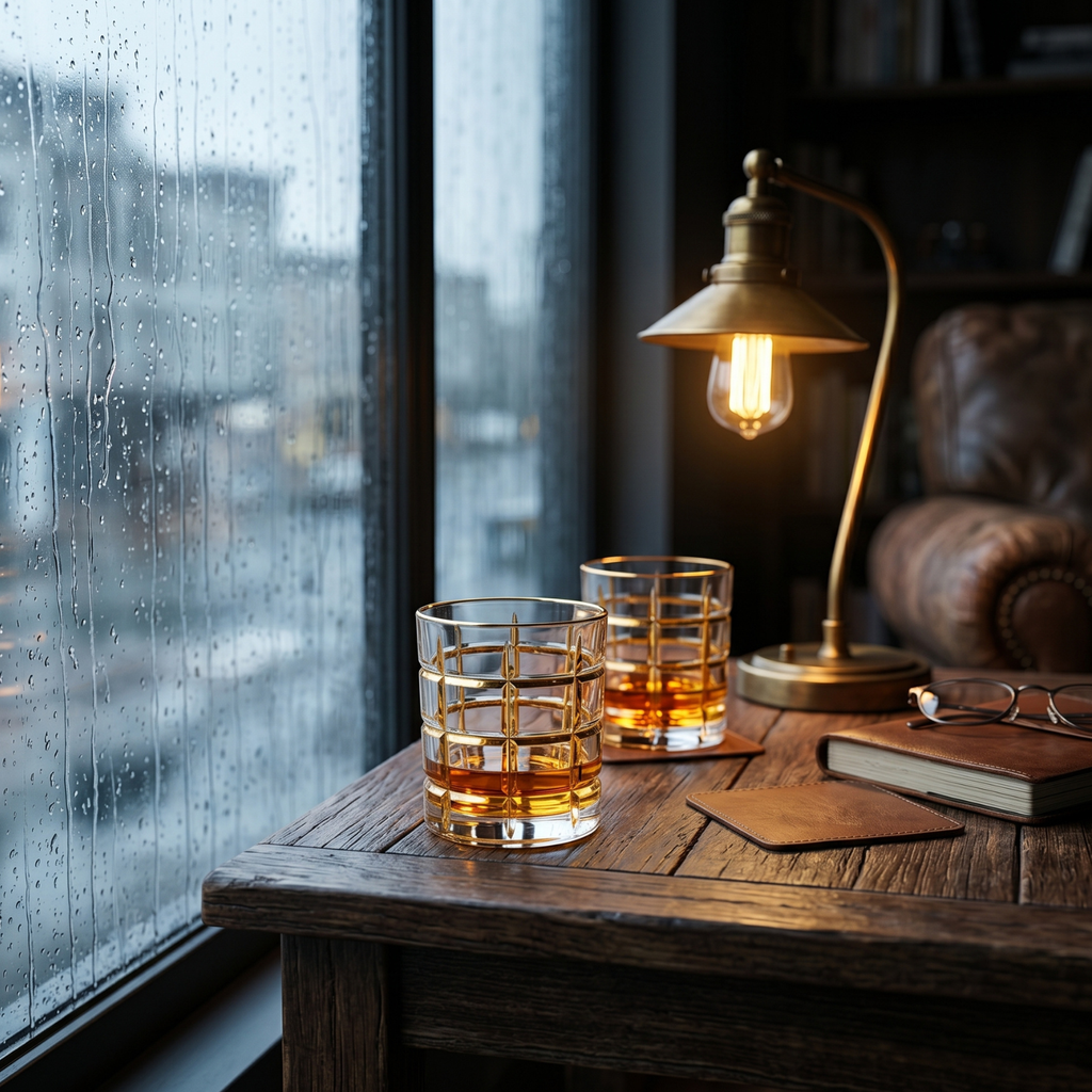 Two glasses of whiskey on a wooden table with a rainy window and lamp in the background