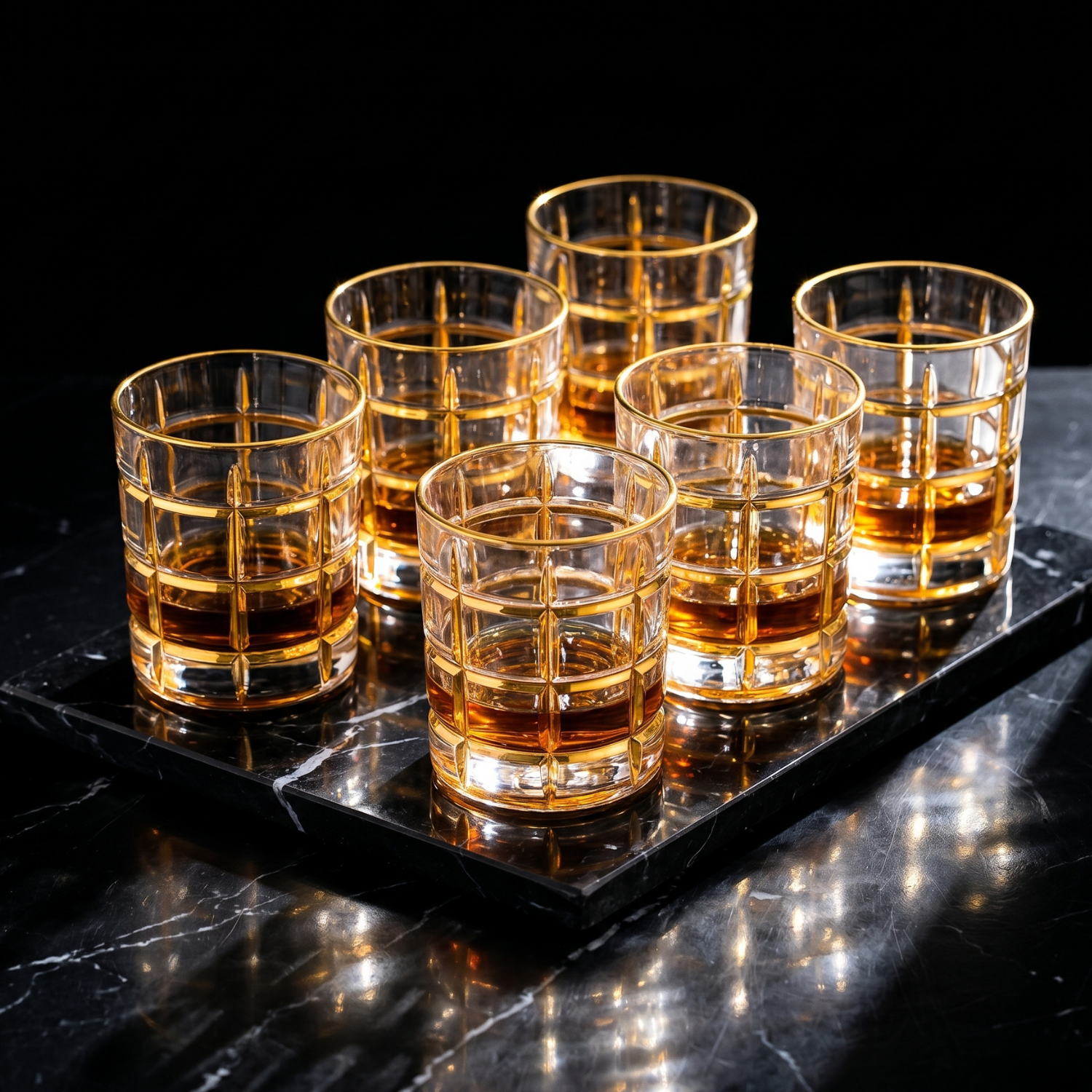 Set of six glasses filled with amber liquid on a dark marble surface
