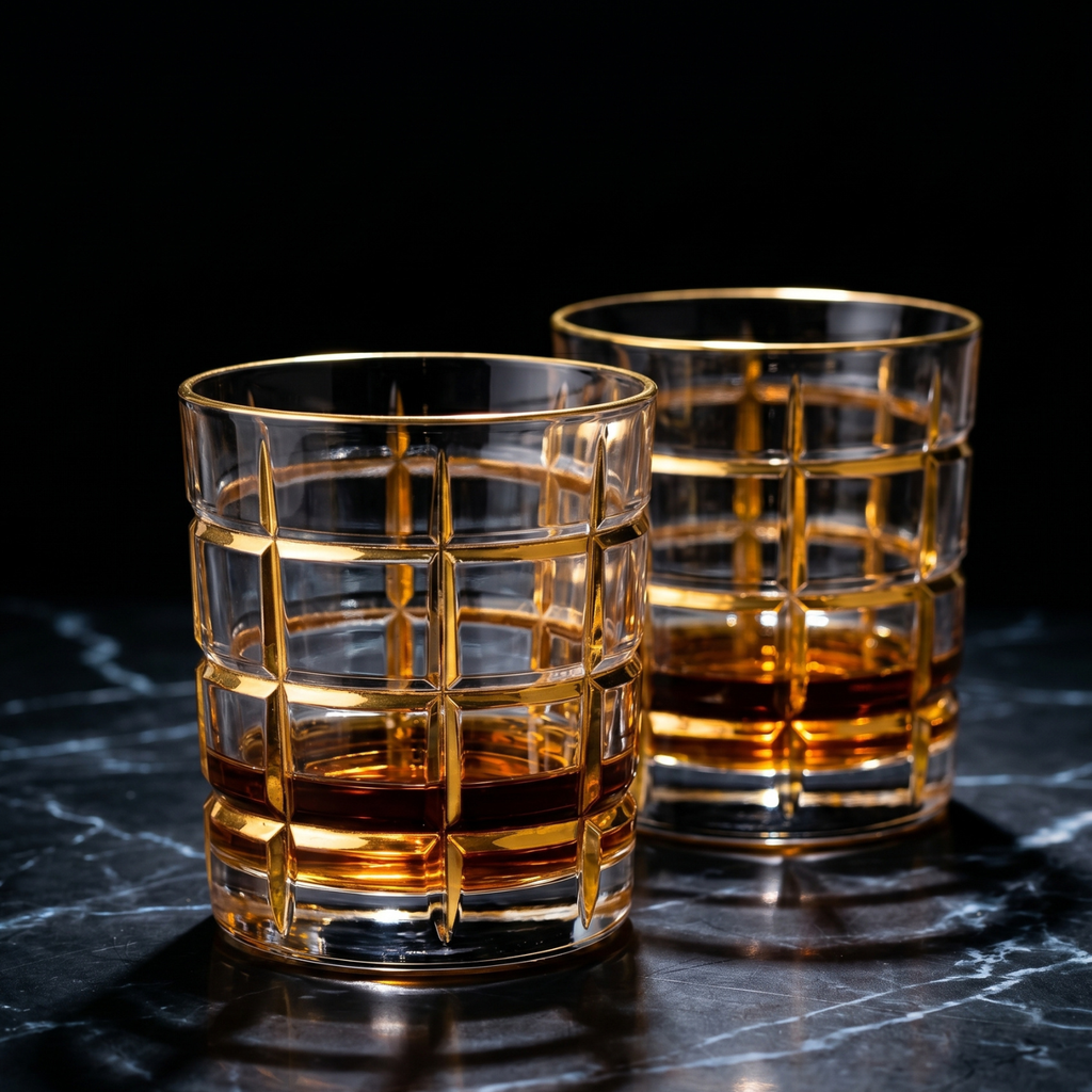 Two bourbon whiskey glasses with gold grid patterns filled with a amber liquid on a dark surface.