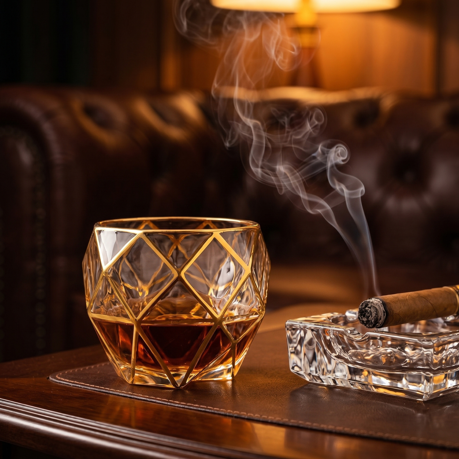 Gold-rim faceted whiskey tumbler with diamond lattice, with cigar smoke