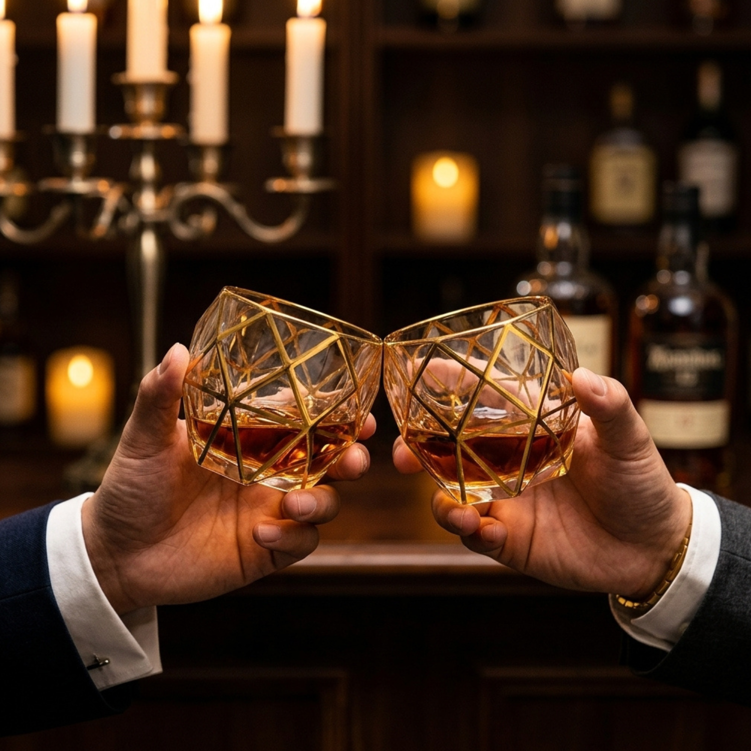 Pair of gold-rim faceted whiskey tumblers with diamond lattice, held in hands