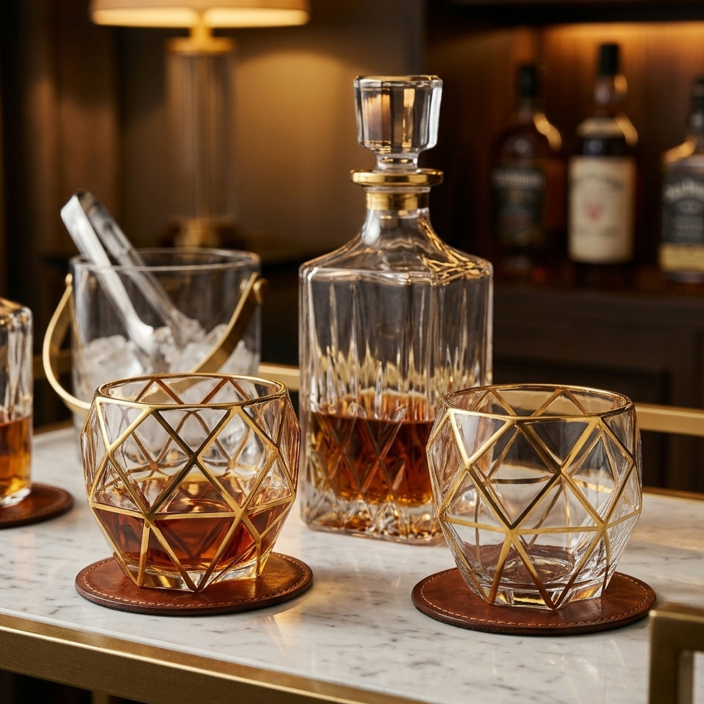 Gold-rim faceted whiskey glasses with diamond lattice pattern on coasters