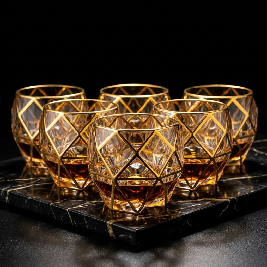 Multiple gold-rim faceted whiskey tumblers with diamond lattice on a serving tray