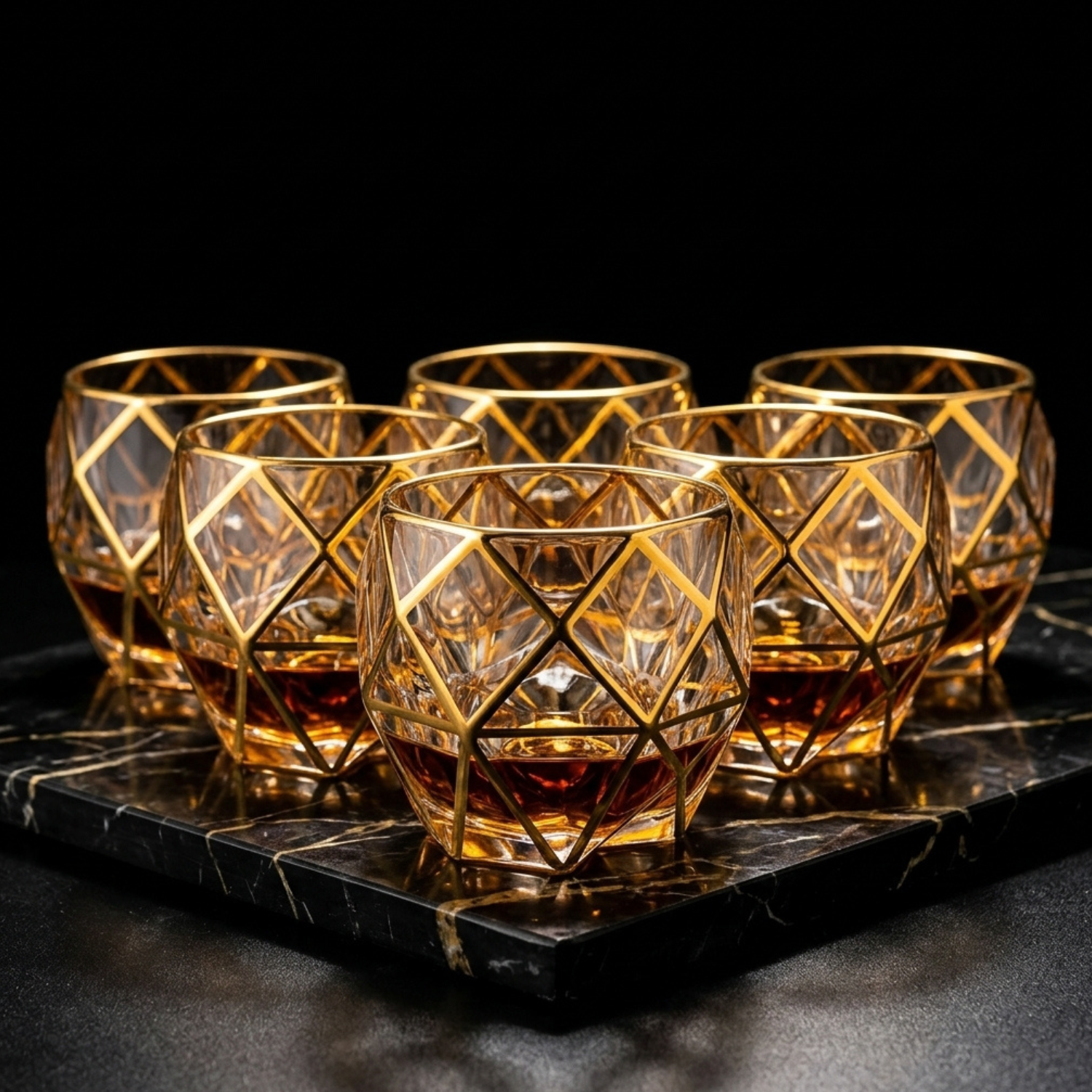 Multiple gold-rim faceted whiskey tumblers with diamond lattice on a serving tray