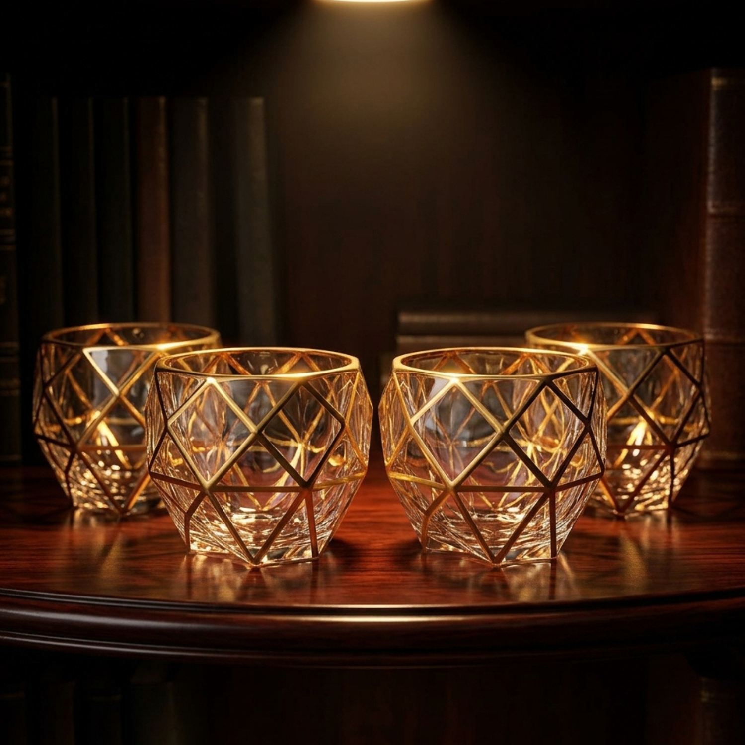 Set of faceted crystal whiskey tumblers with gold diamond lattice, 300 ml each