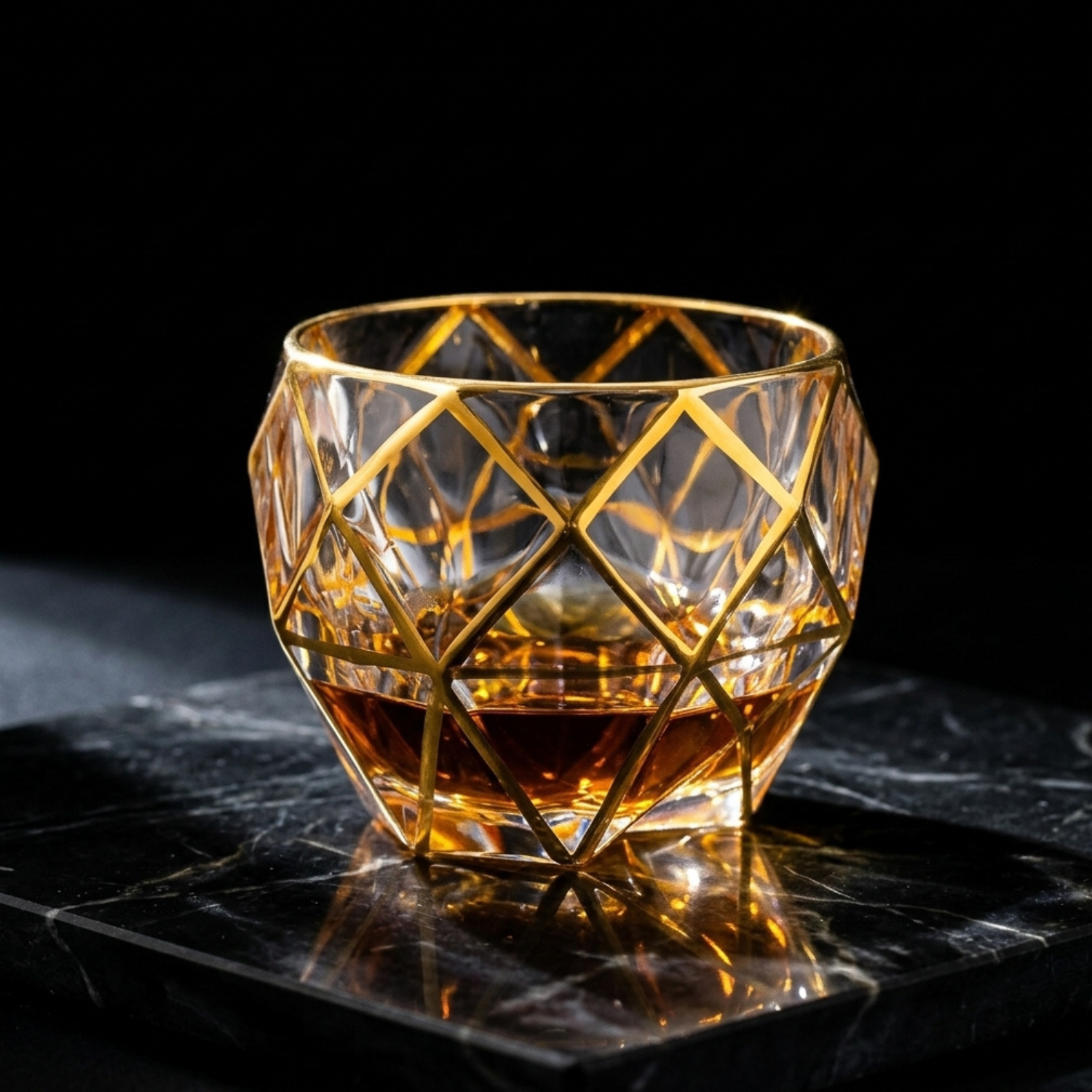Faceted crystal whiskey tumbler with gold diamond lattice, 300 ml
