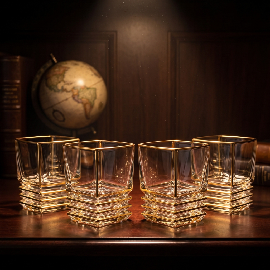 Two gold-rim square crystal whiskey glasses with tiered bases