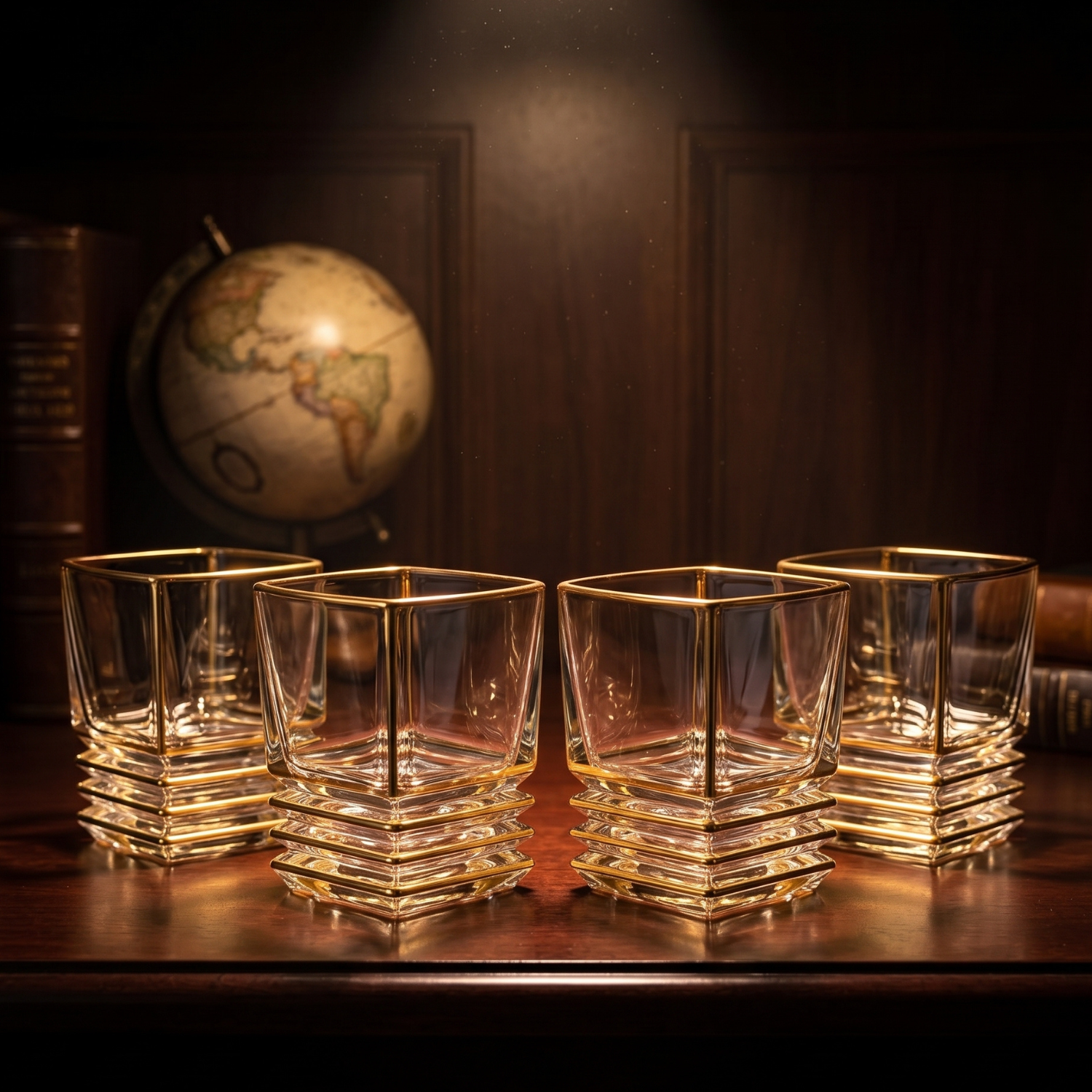 Two gold-rim square crystal whiskey glasses with tiered bases