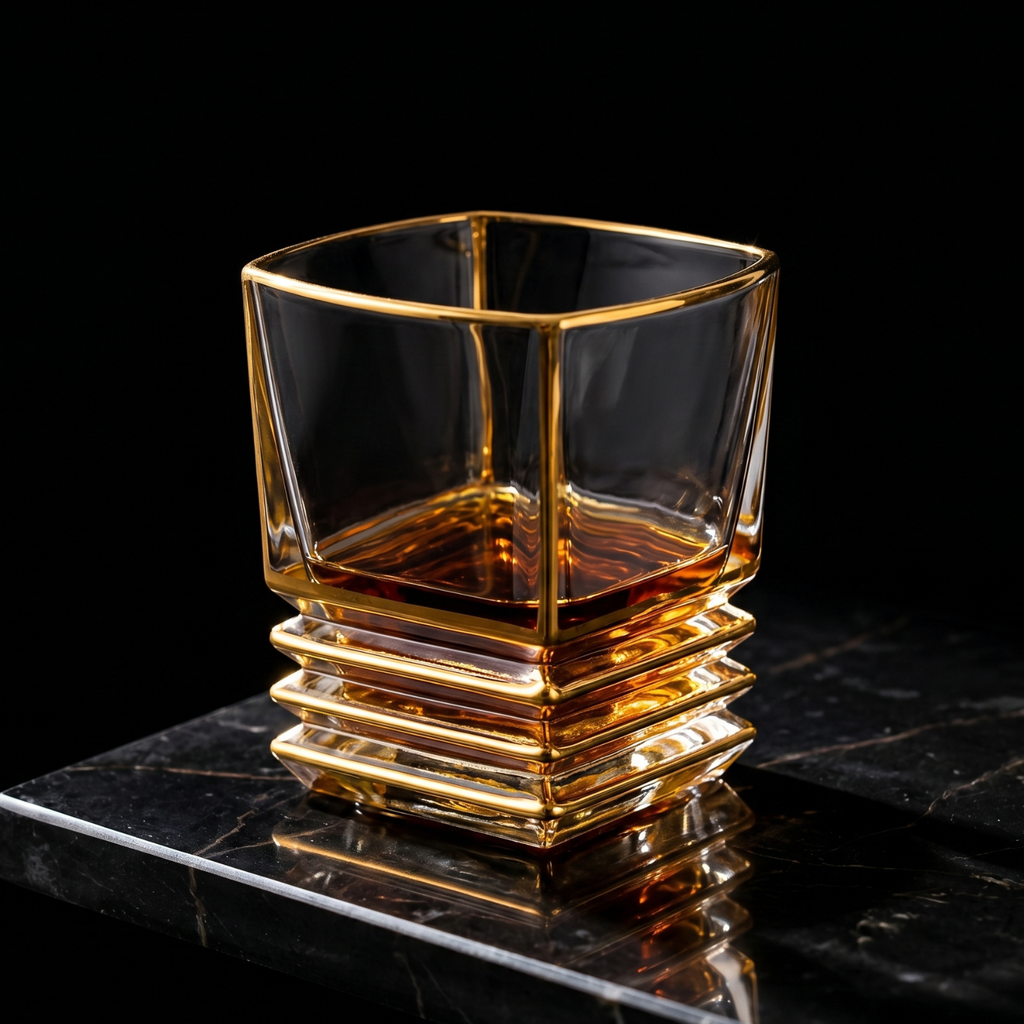 Gold-rim square crystal whiskey tumbler, tiered base