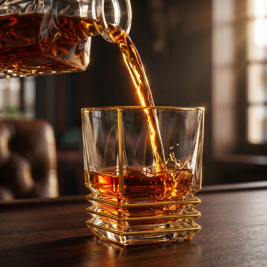 Pouring amber whiskey into gold-rim square crystal tumbler with tiered base