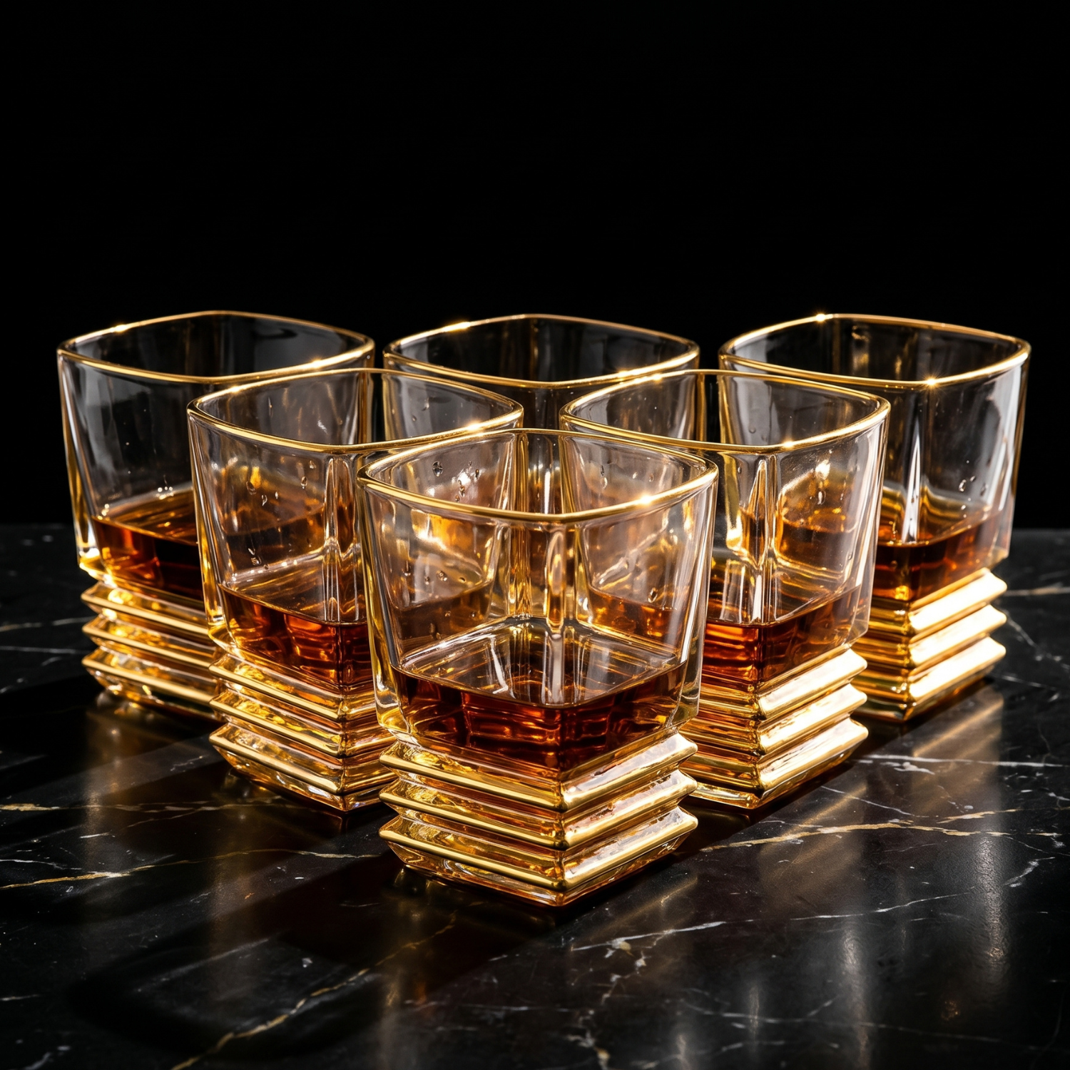 Assorted set of square crystal whiskey tumblers with gold rims and tiered bases