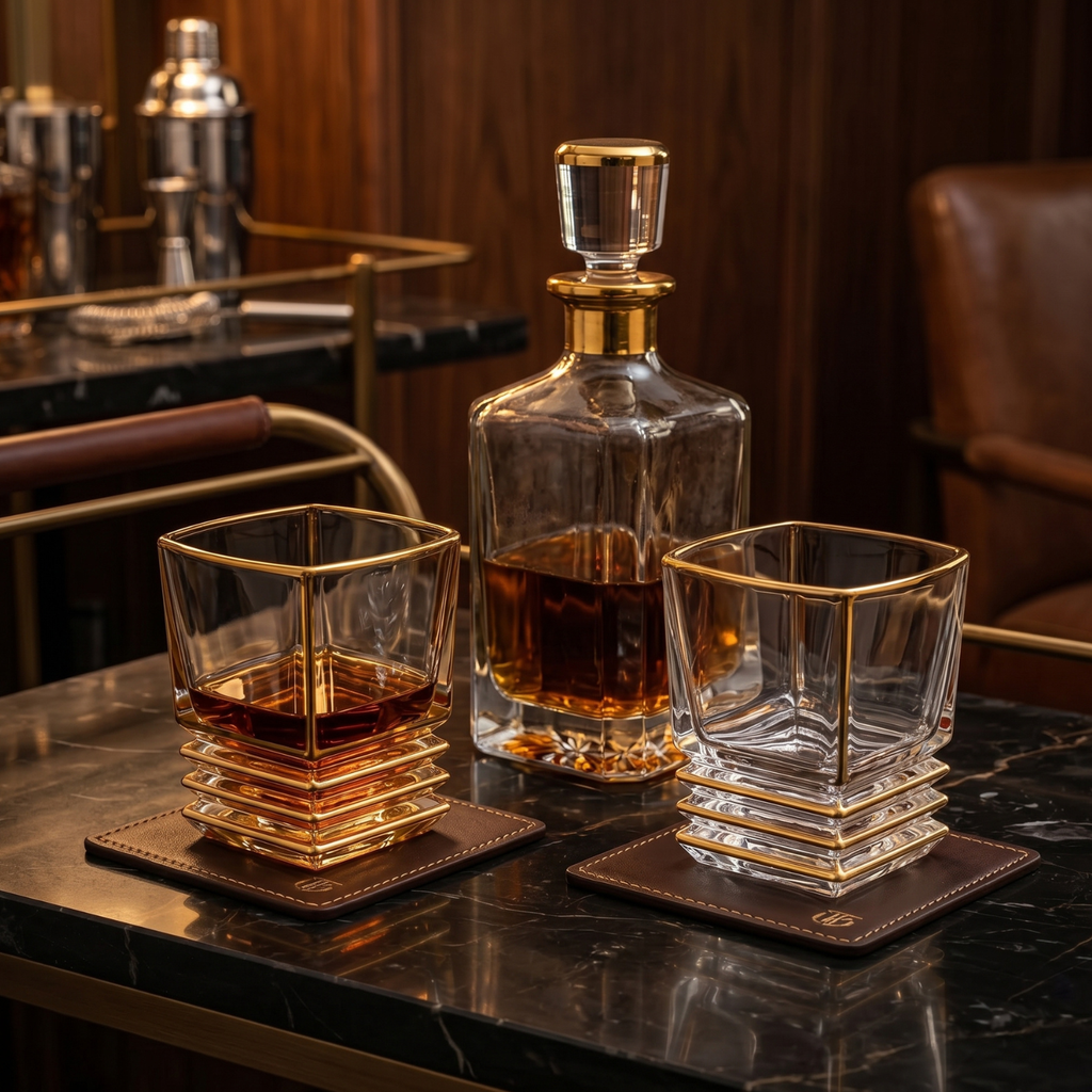 Square whiskey glasses with gold rims and tiered bases, set of 3
