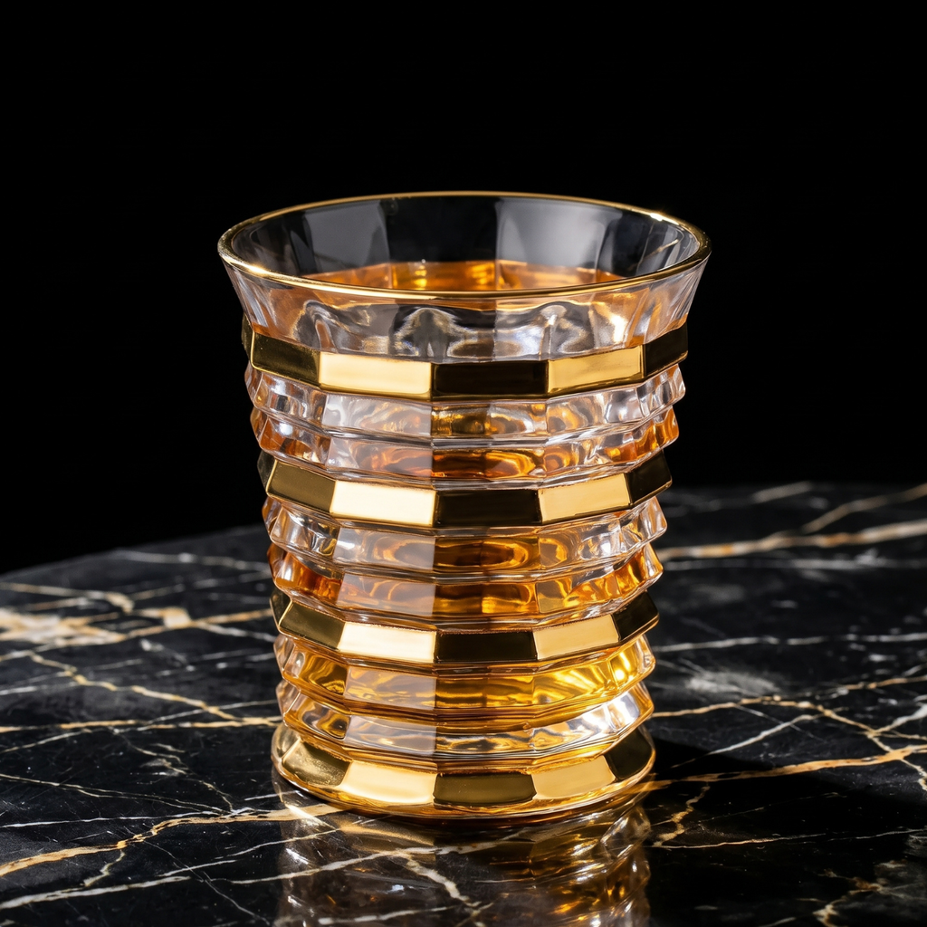 Ribbed crystal rocks glass with stacked gold bands and gold rim, showing faceted texture.