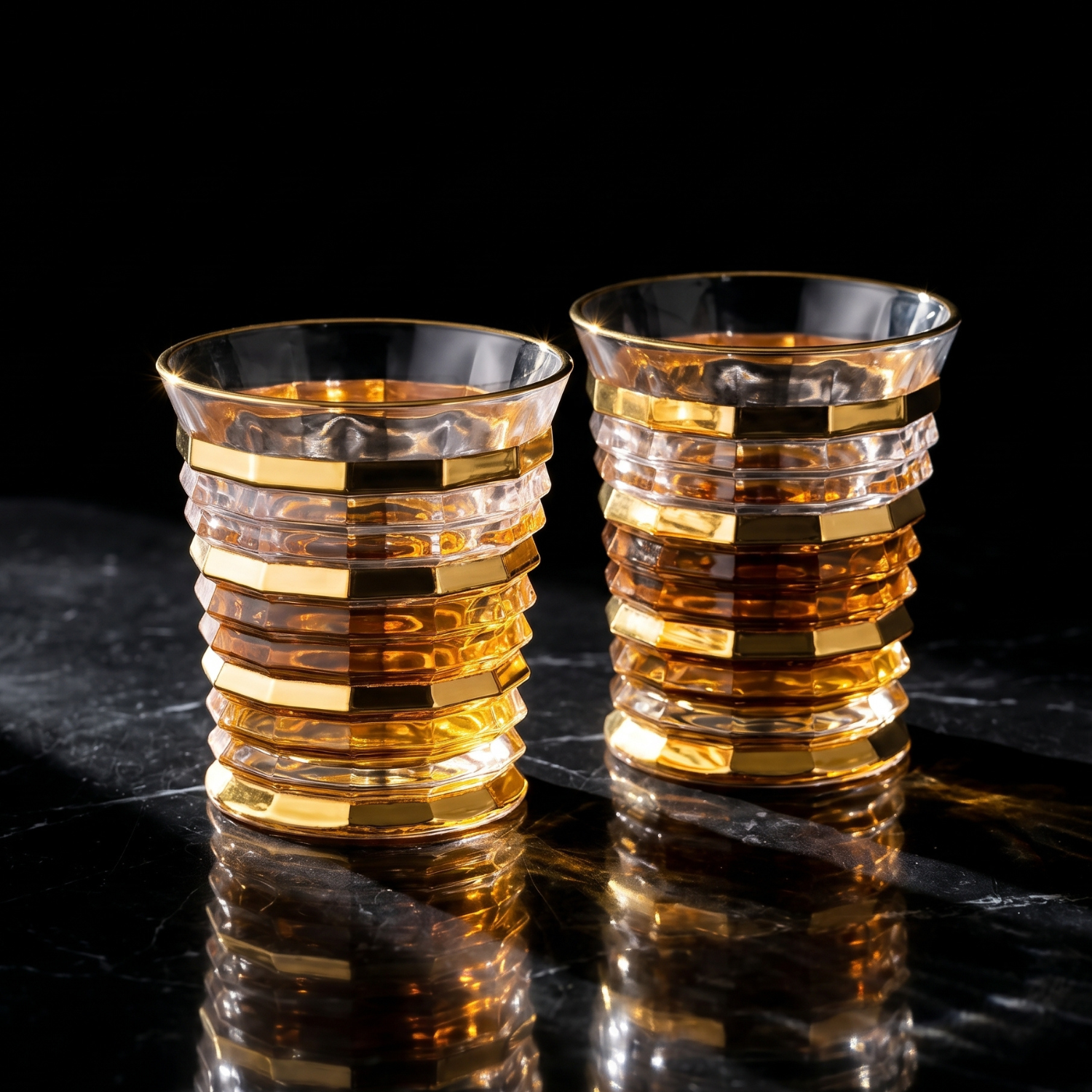Two ribbed crystal tumbler glasses with stacked gold bands and gold rim, upright and reflective.