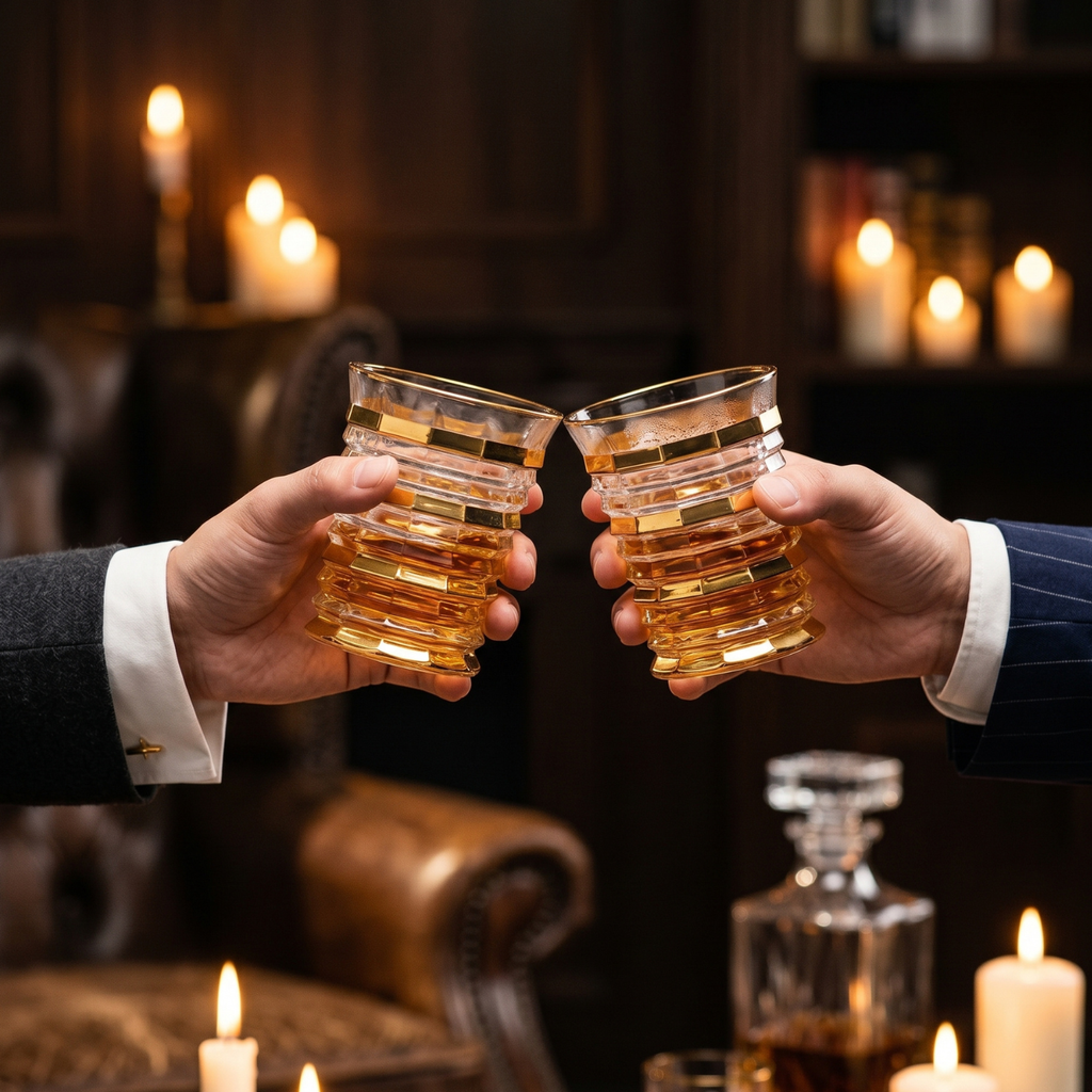 Two ribbed crystal whiskey tumblers with stacked gold bands and gold rims held by hands.