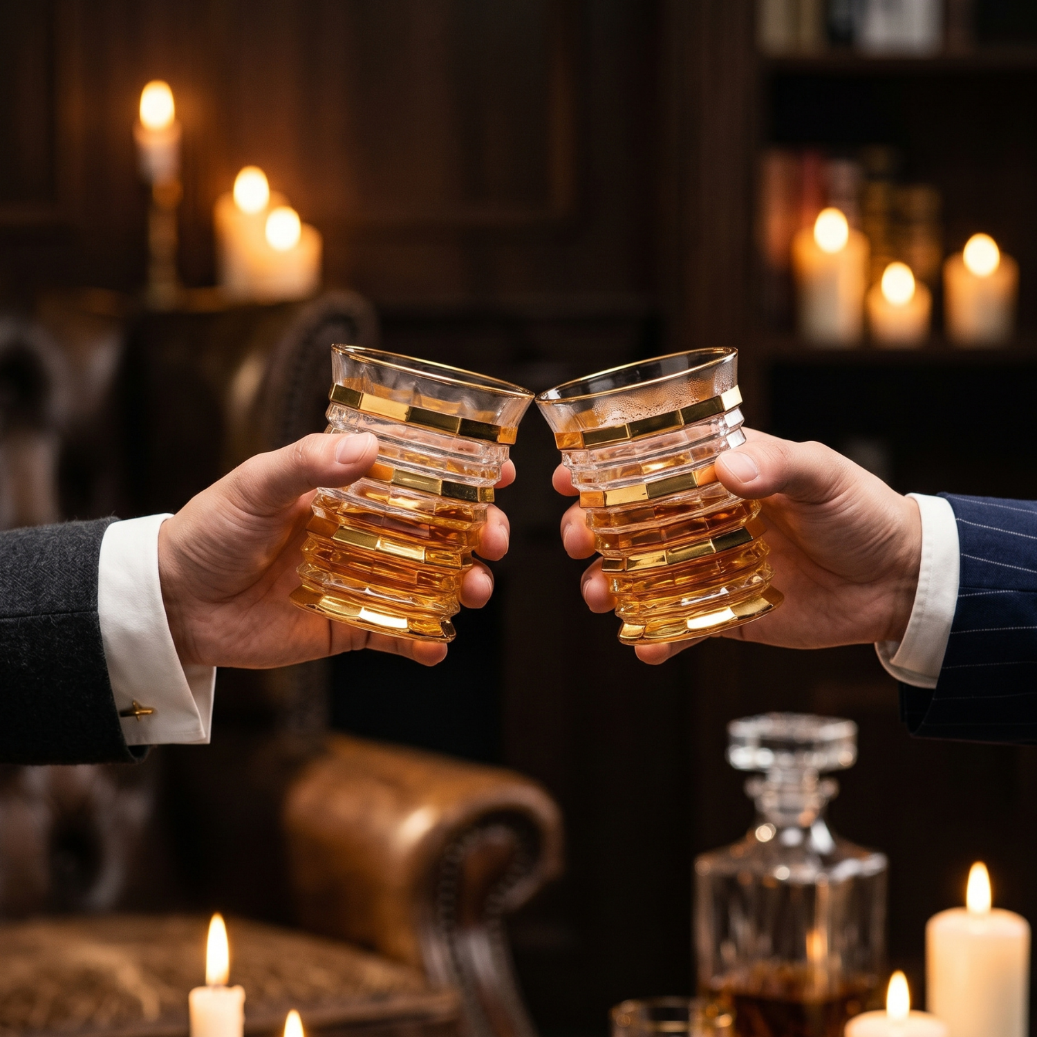 Two ribbed crystal whiskey tumblers with stacked gold bands and gold rims held by hands.