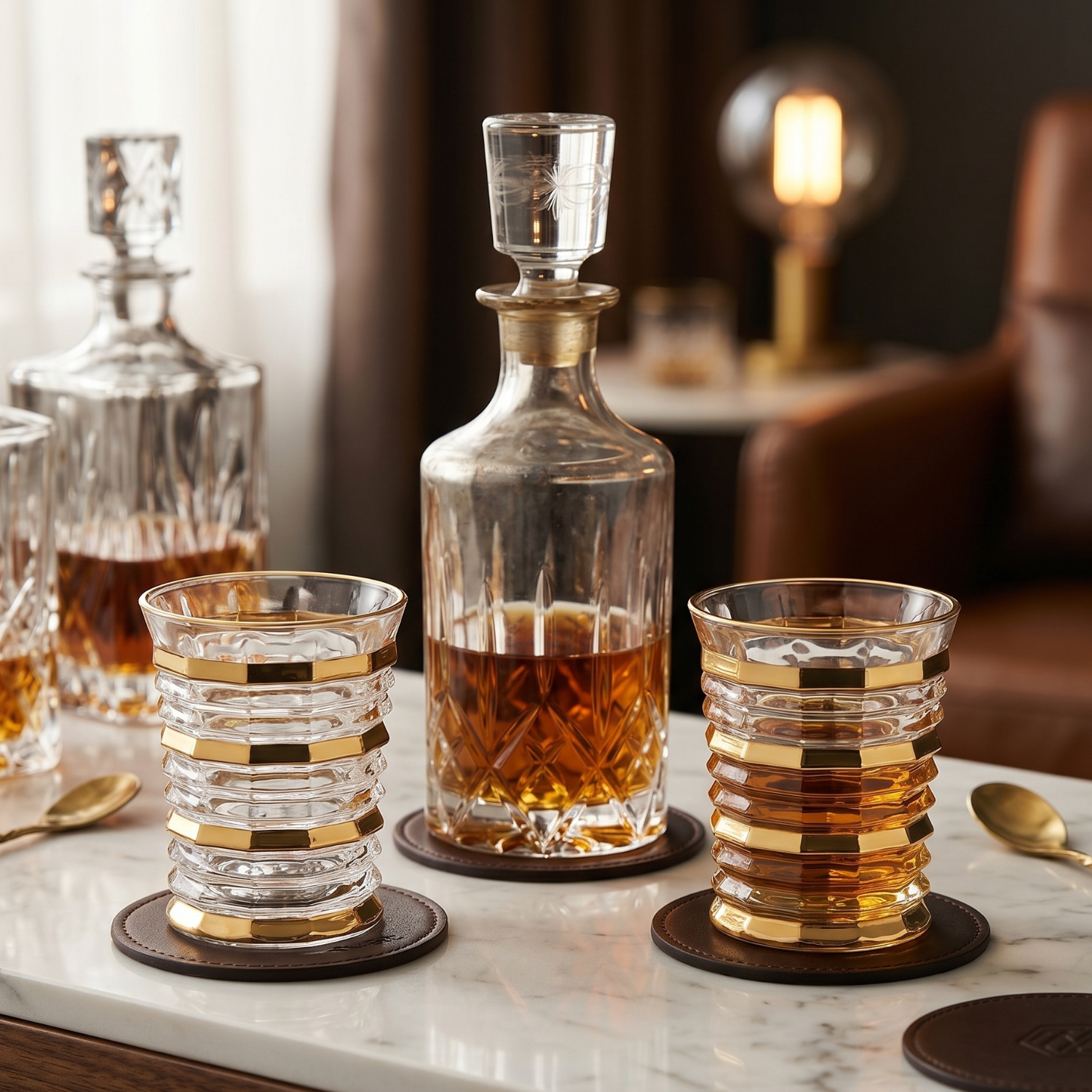 Ribbed crystal rocks glasses with stacked gold bands and gold rim on coasters, clear liquid.