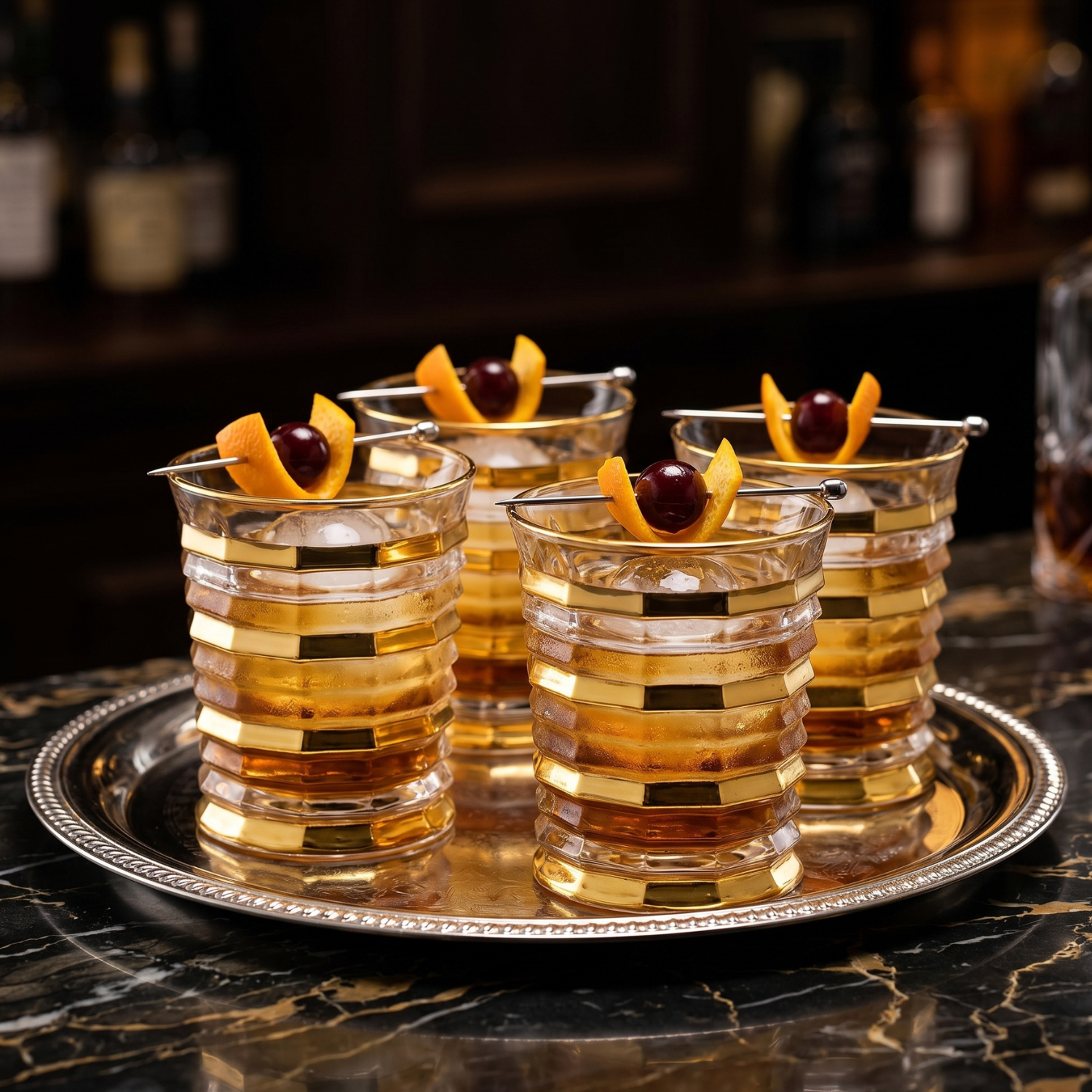 320 ml ribbed crystal whiskey tumbler with stacked gold bands and gold rim, rocks glass.