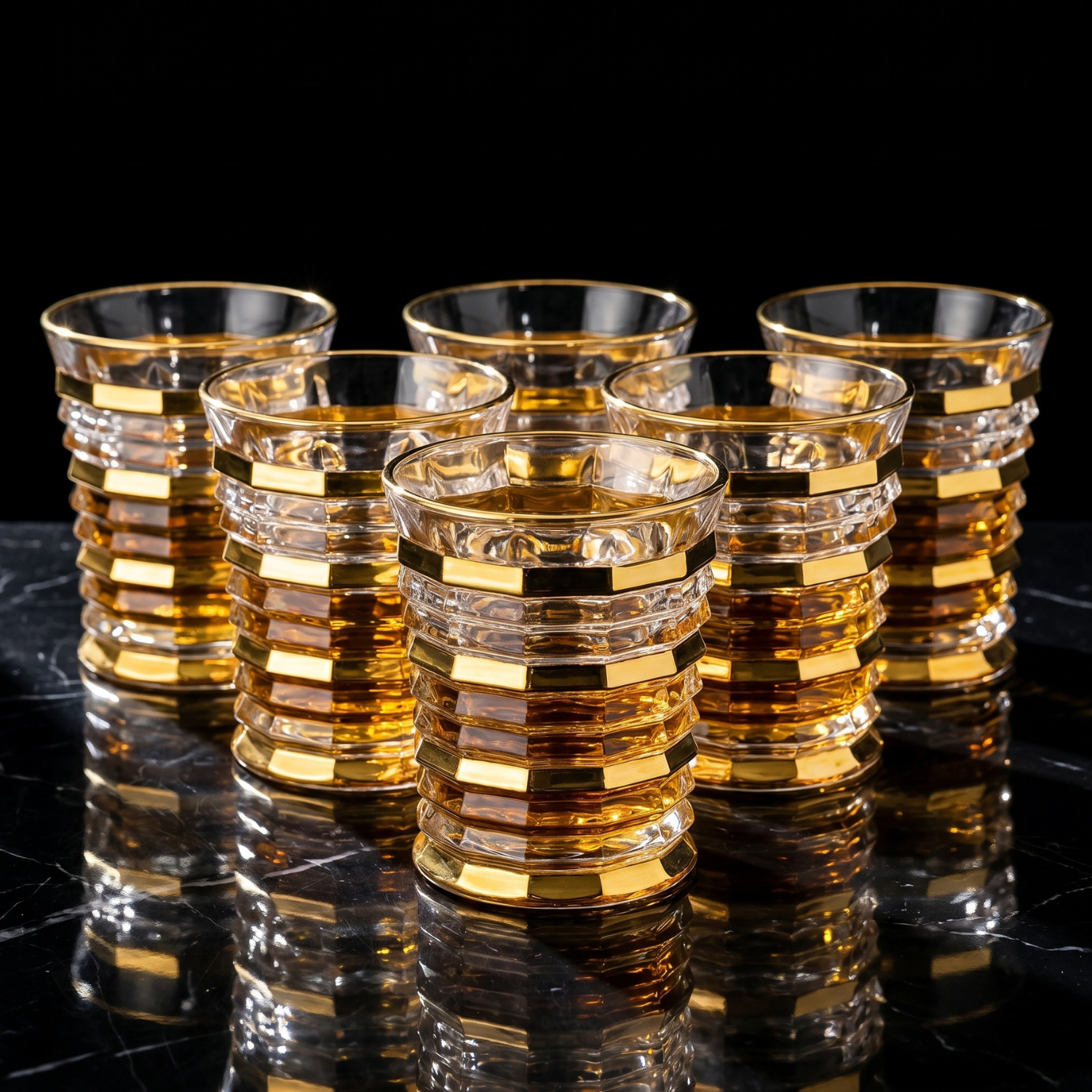 Ribbed crystal whiskey tumblers with stacked gold bands and gold rim, multiple glasses in a row.