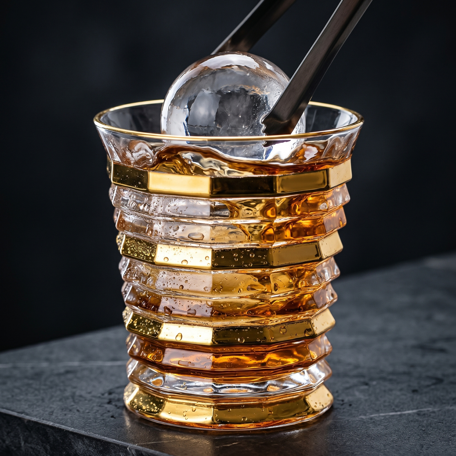 Ribbed crystal tumbler with stacked gold bands and gold rim, filled with ice and drink.
