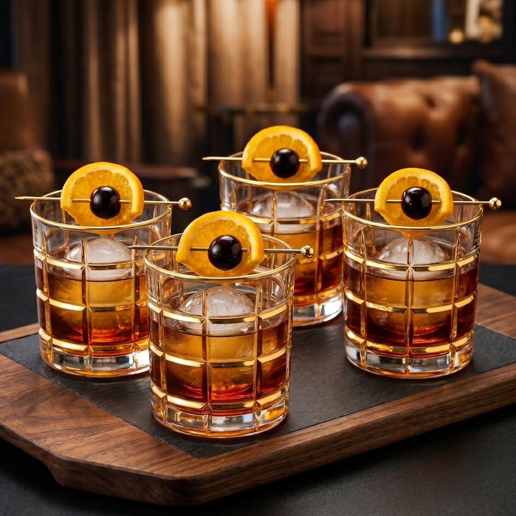Four glasses of whiskey with orange slices and blackberries on a wooden tray.