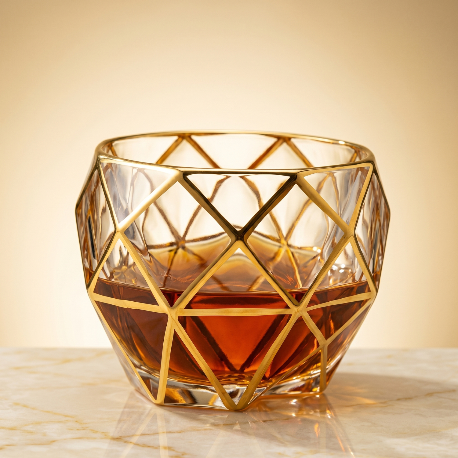 Gold-rim faceted whiskey tumbler with diamond lattice pattern, 300 ml