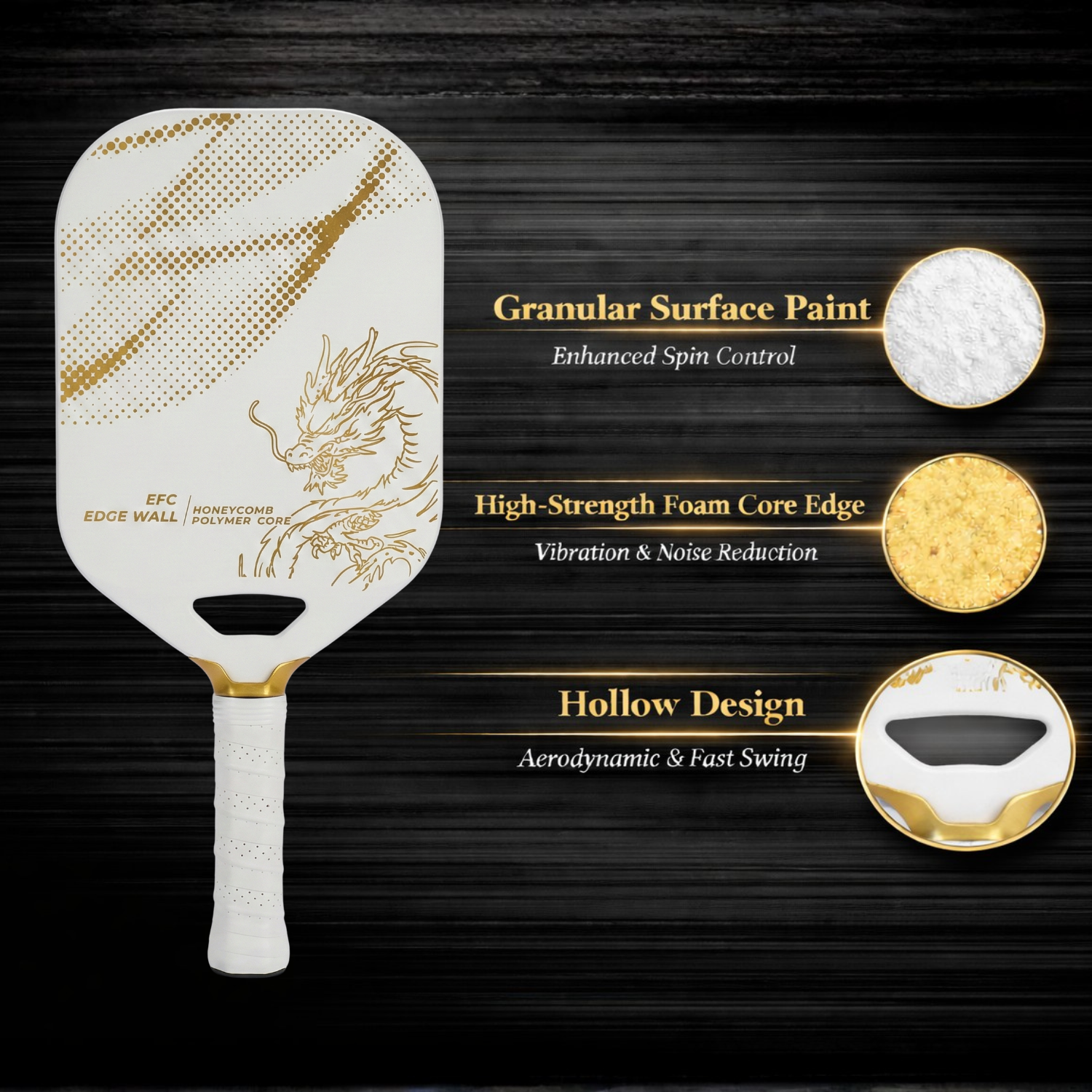 White Golden Dragon T700 Carbon Fiber Pickleball Paddle (14mm Honeycomb Core) – Textured Spin Surface, One-Piece Hot Pressed, Lightweight Control Paddle